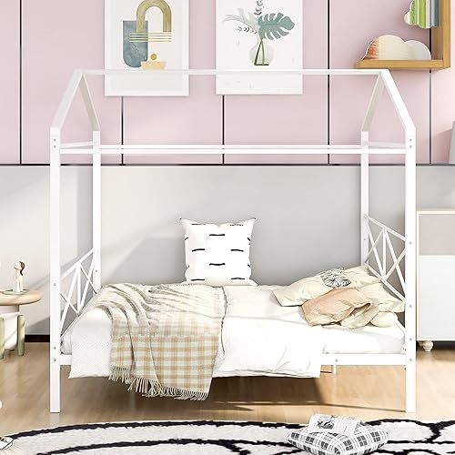 Cama de forma de casa de tamaño Queen, cama de plataforma de cabina de metal con cabecero y estribo para niños adolescentes, no necesita caja de