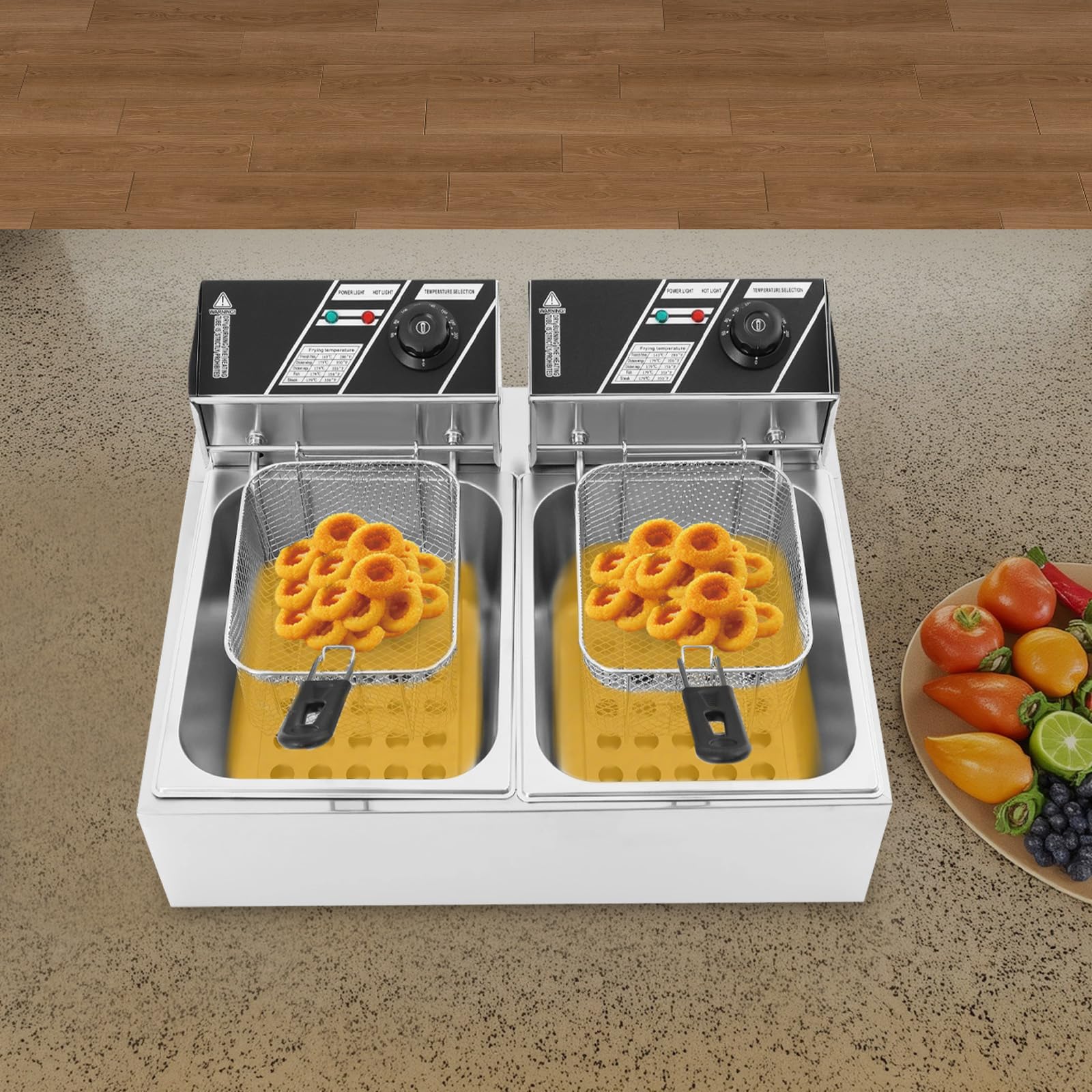 Freidora de doble depósito con doble zona fría con control de temperatura, acero inoxidable, 12 l, freidora eléctrica de acero inoxidable, freidora para restaurantes, cafeterías,