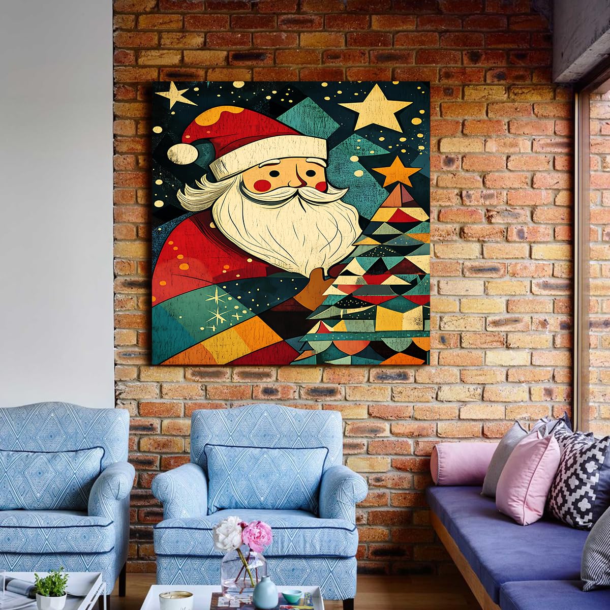 CHERHERART Święty Mikołaj płótno płótno sztuka ścienna abstrakcyjna choinka wydruki plakat retro na święta święta vintage malarstwo ścienne 50 x 50 cm rama wewnętrzna