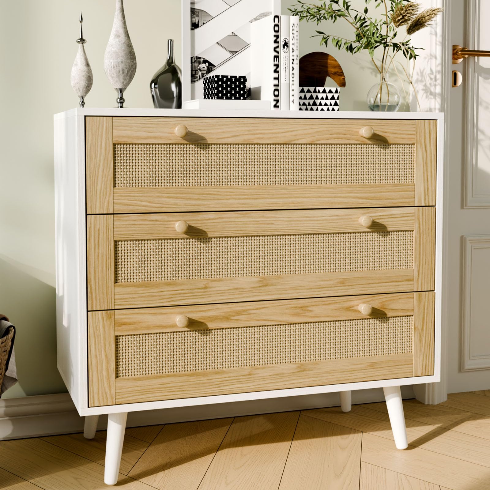 FURNIinspire 3 Drawer Storage Rattan Dresser, Boho Dresser Chest for Bedroom Hallway Living Room, White