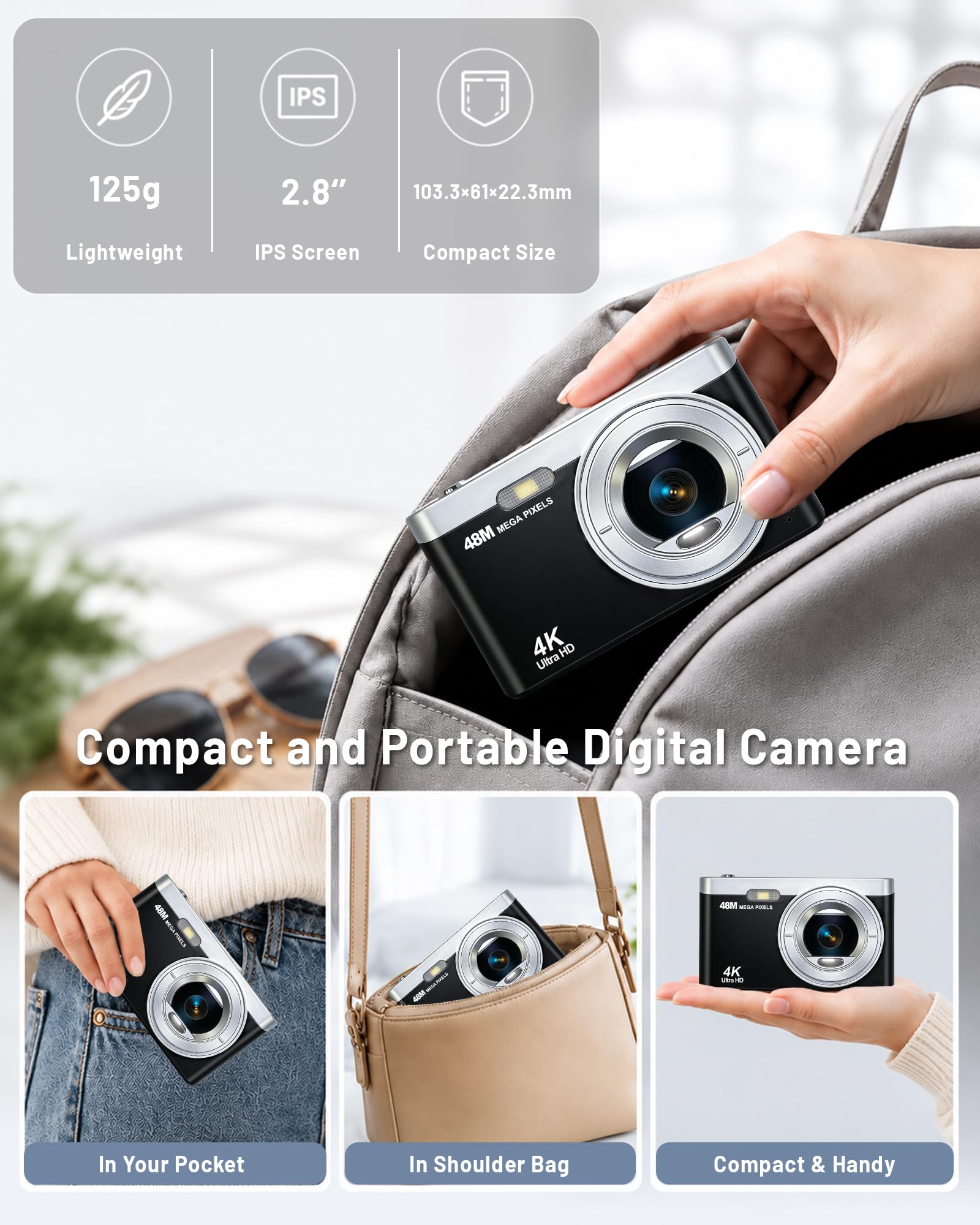Fotocamera digitale 4K, 48 MP, messa a fuoco automatica, con schermo da 2,8", zoom digitale 16x, scheda SD da 64 GB, portatile, compatta per bambini, adolescenti e principianti