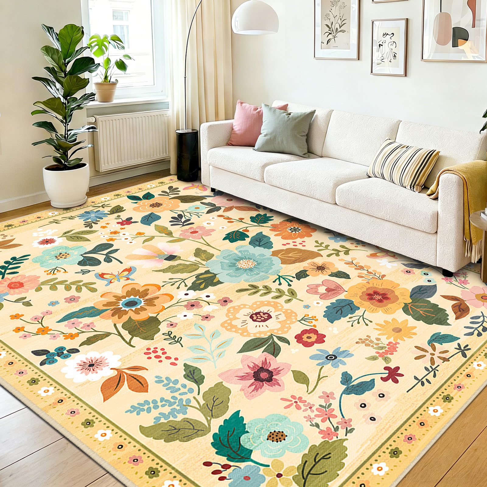 DEFYNEE Machine Washable Rugs Living Room, 240×300cm Floral Rug, Non-Slip Low Pile Boho Vintage Floral Carpet with Printed Design for Kids Room, Bedroom, Kitchen, Entryway, Lounge, Ivory/Yellow