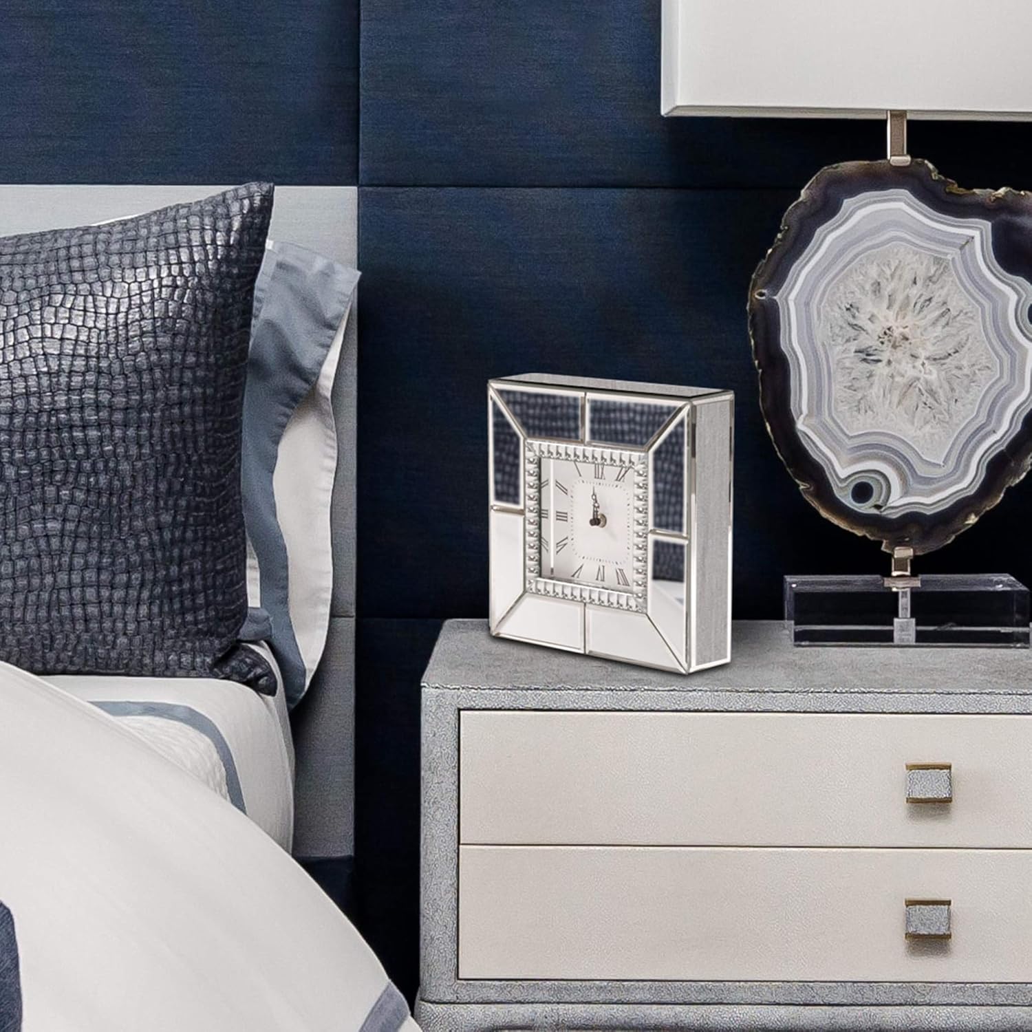 Howard Elliott Collection Mirrored Finish Table Clock with Beaded Glass Trim, Decorative Silver Mirror Clock for Office, Desk or Bedside Table, Gift for Wedding, Anniversary and Birthdays 10 x 10 Inch