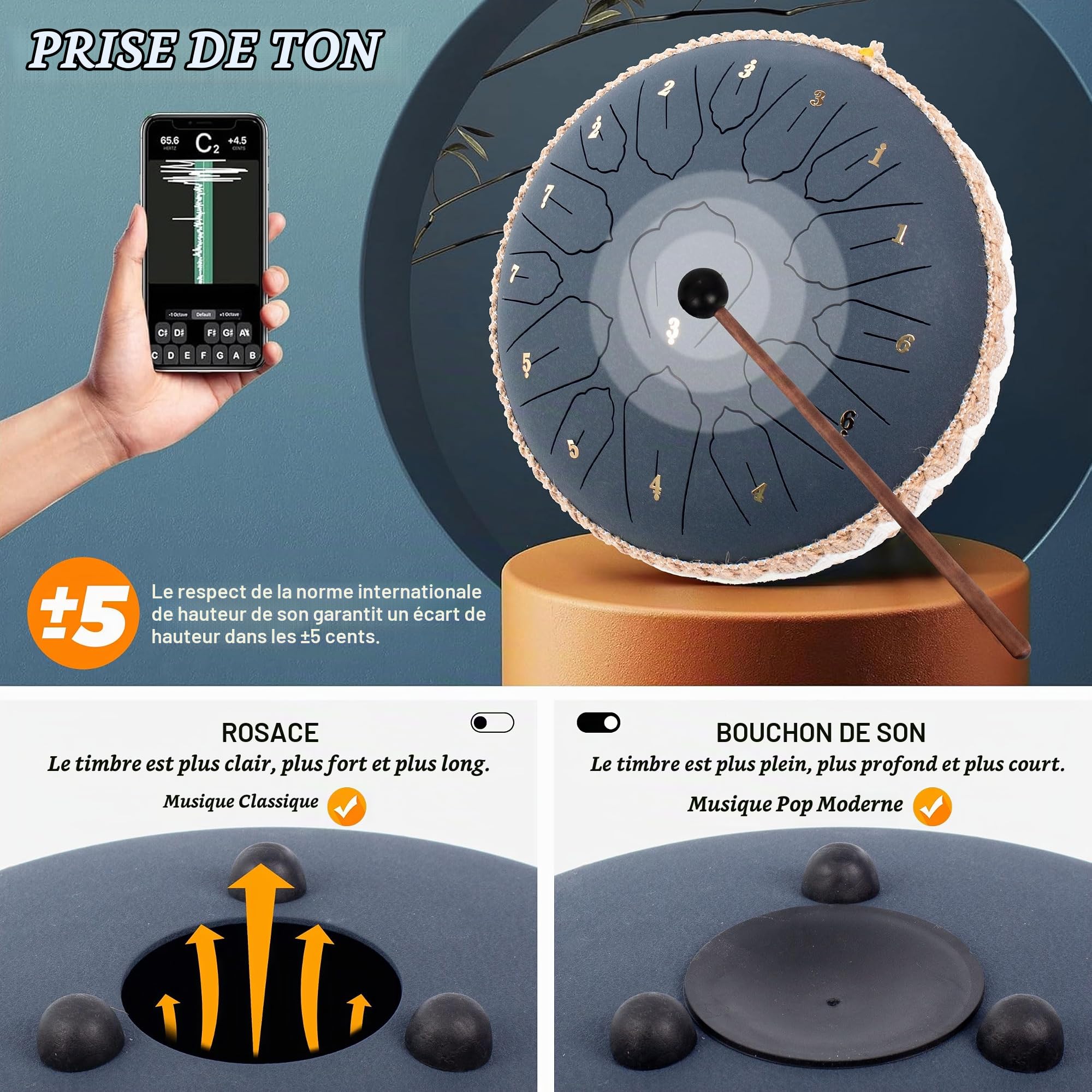 Handpan, Steel Drum, Hand Pan Drum, Bleu Marine | Steel Tongue Drum 15 Notes 12 Pouces 30cm C Majeur, Tambour à Langue en Acier Méditation et Yoga, Rain Drum Tambour a Pluie