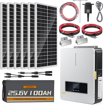 1200W 25.6V 2.56KWH Lithium Battery Solar System Off Grid with App Monitoring, 6pcs 200W High-Efficiency Panels+25.6V 100Ah Lithium Battery+3600W Inverter+120A MPPT Charge Controller for Cabin & RV