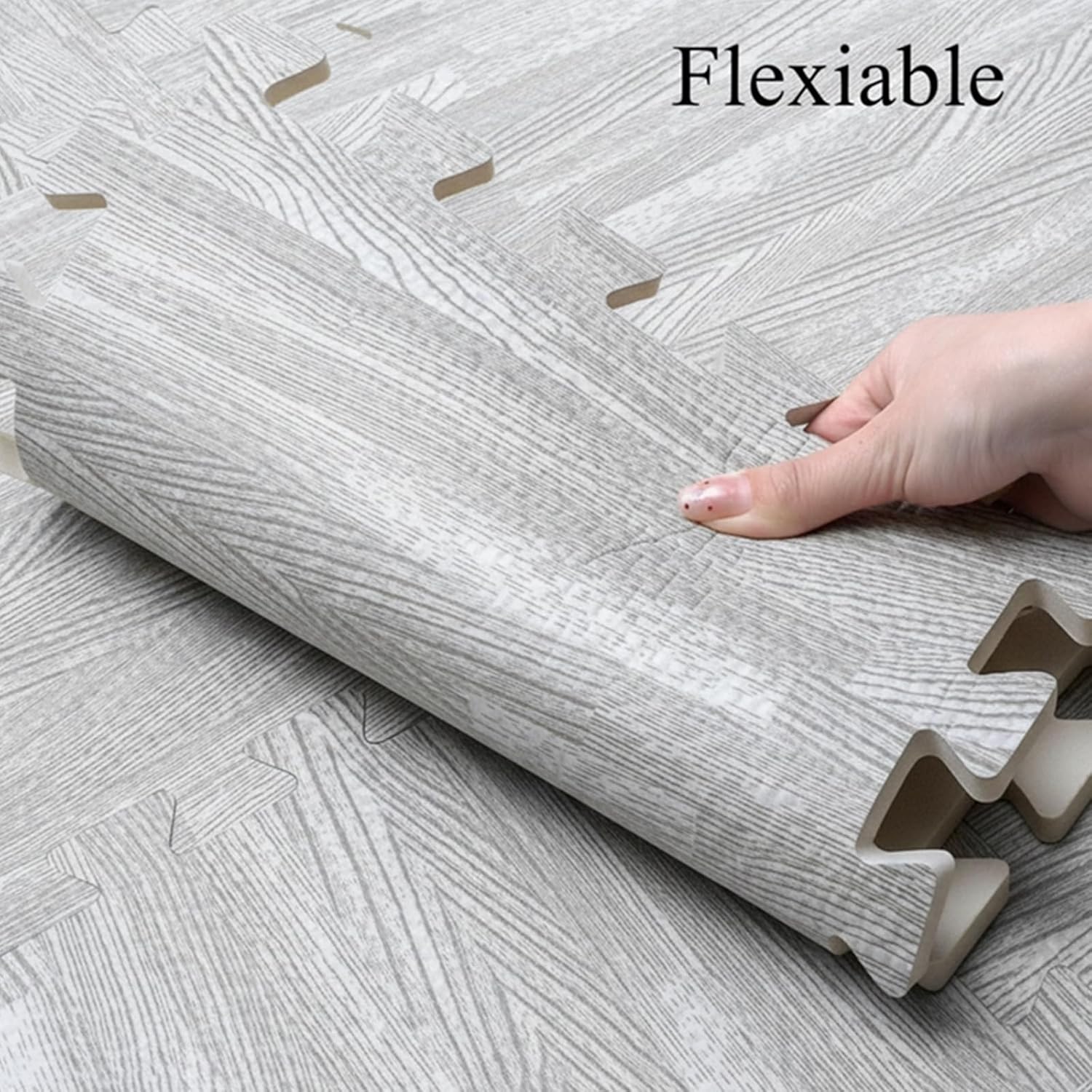 Tebery 16 Pieces Printed Wood Grain Interlocking Floor Tiles 3/8-Inch Thick EVA Foam Grey Puzzle Floor Mat