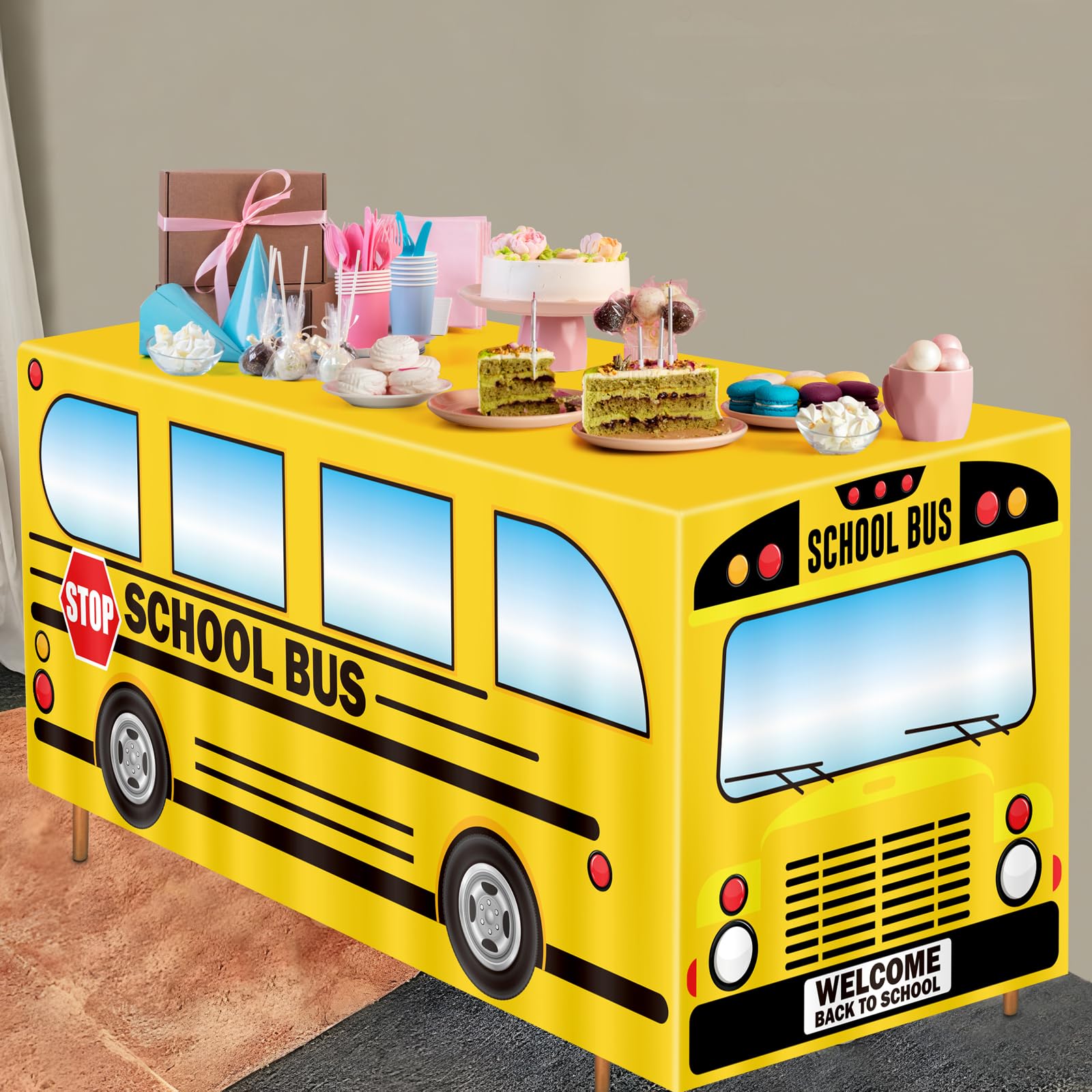 Tieshankao 6Ft Back to School Bus Tablecloth Decorations: Welcome First Day of Party Table Cover Decor for Home Party Supplies