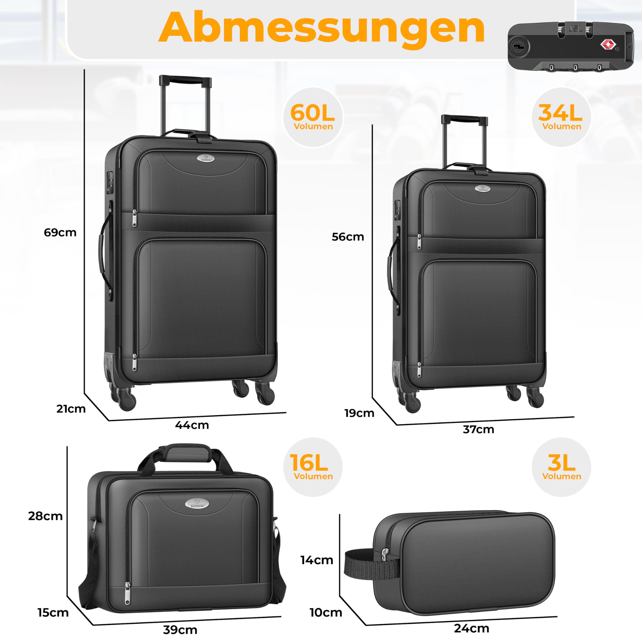 KESSER® Lot de 4 valises de voyage - Sac à roulettes en tissu avec serrure TSA - Roulettes à 360° et poignée télescopique - Sac cosmétique - Valise légère et grande