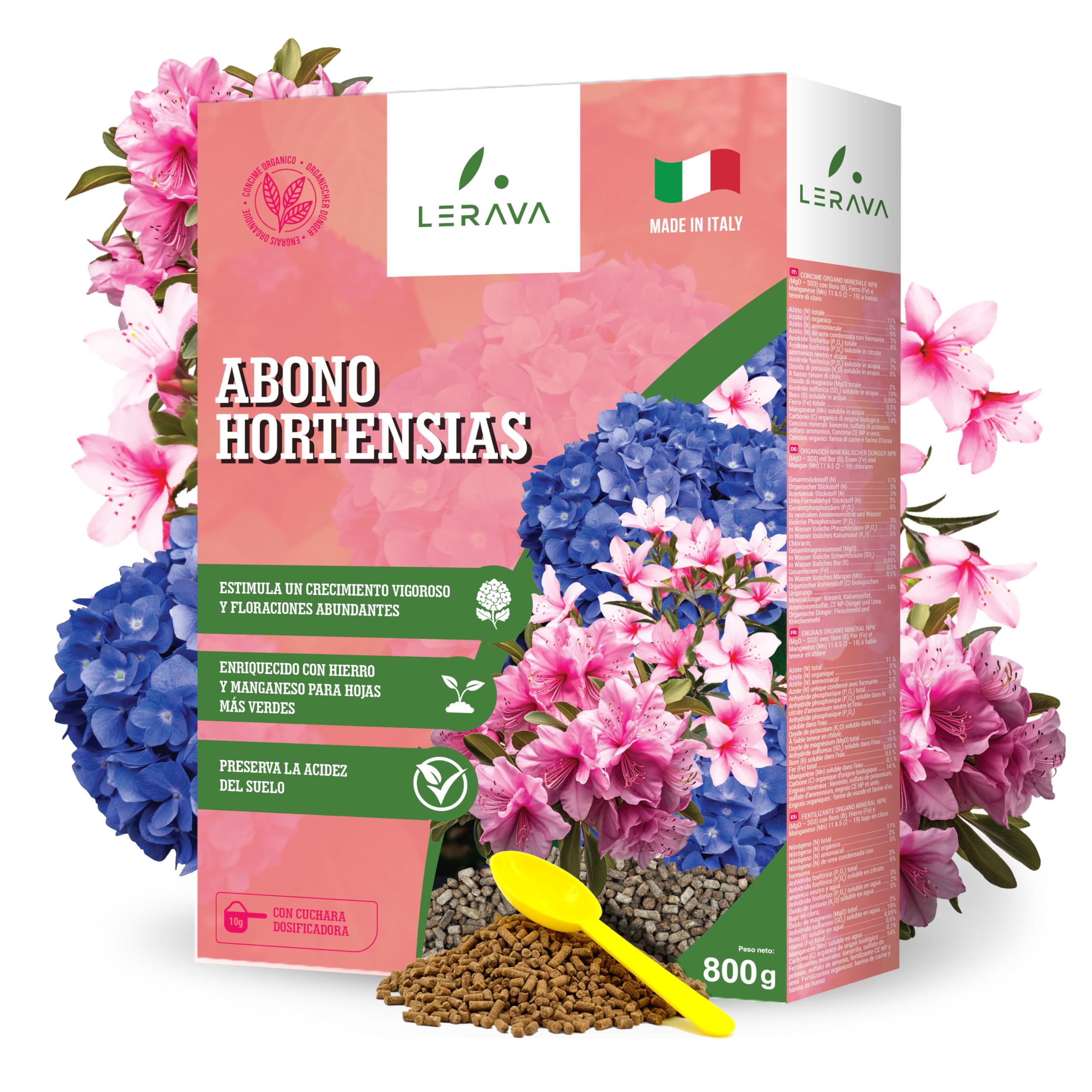 LERAVA Abono hortensias (2x800 g) - Abono acidófilas BIO para hortensias y rododendros - Mantiene suelo ácido I Crecimiento vigoroso y floración abundante - Ideal jardin