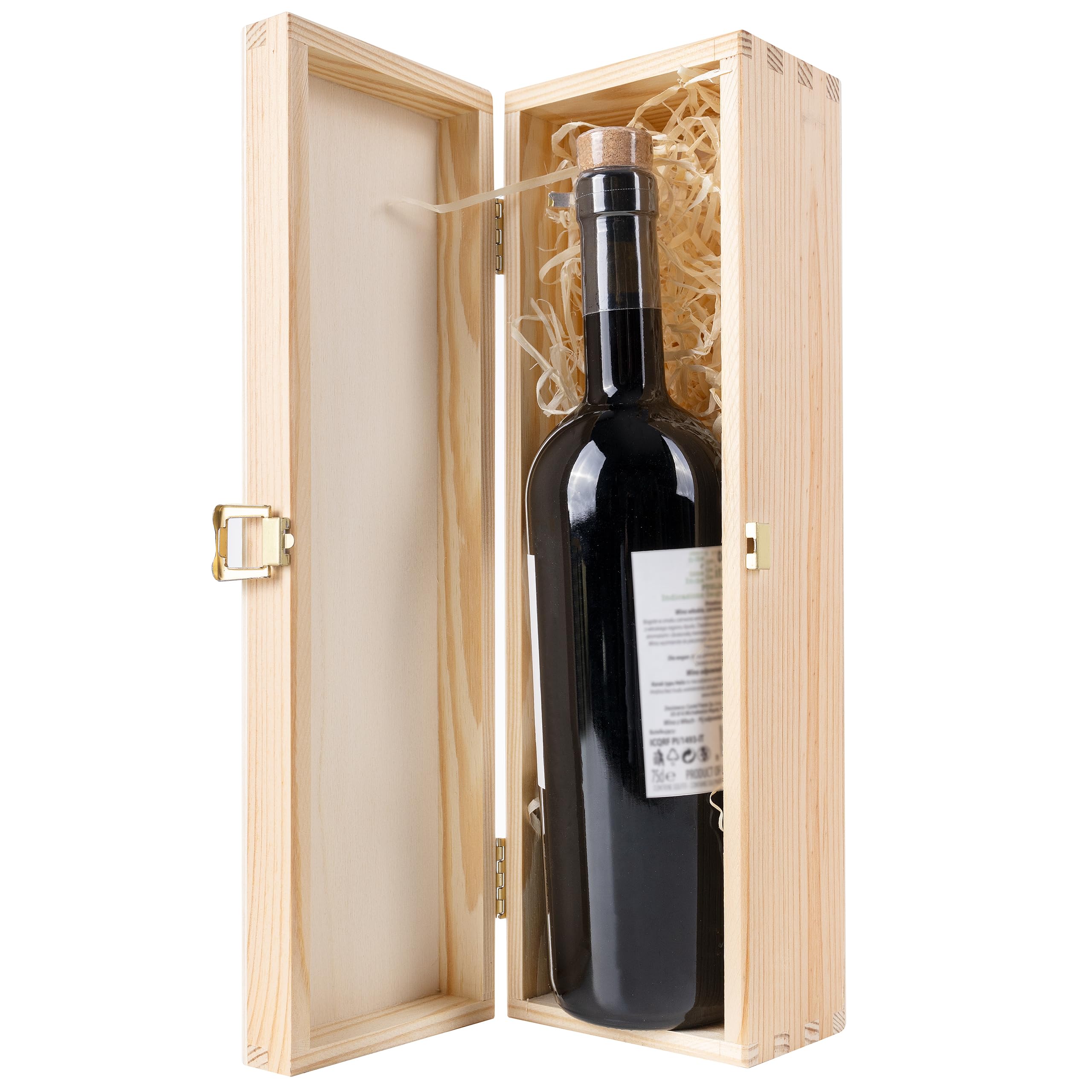 Creative DECO Caja de Madera para Vino con Tapa 36x11x9,8cm (+-1cm) | Cierre + 600 g de Lana de Madera | Pino Natural | para Envolver Regalos, Pascua, Decoración, Almacenamiento y Decoupage