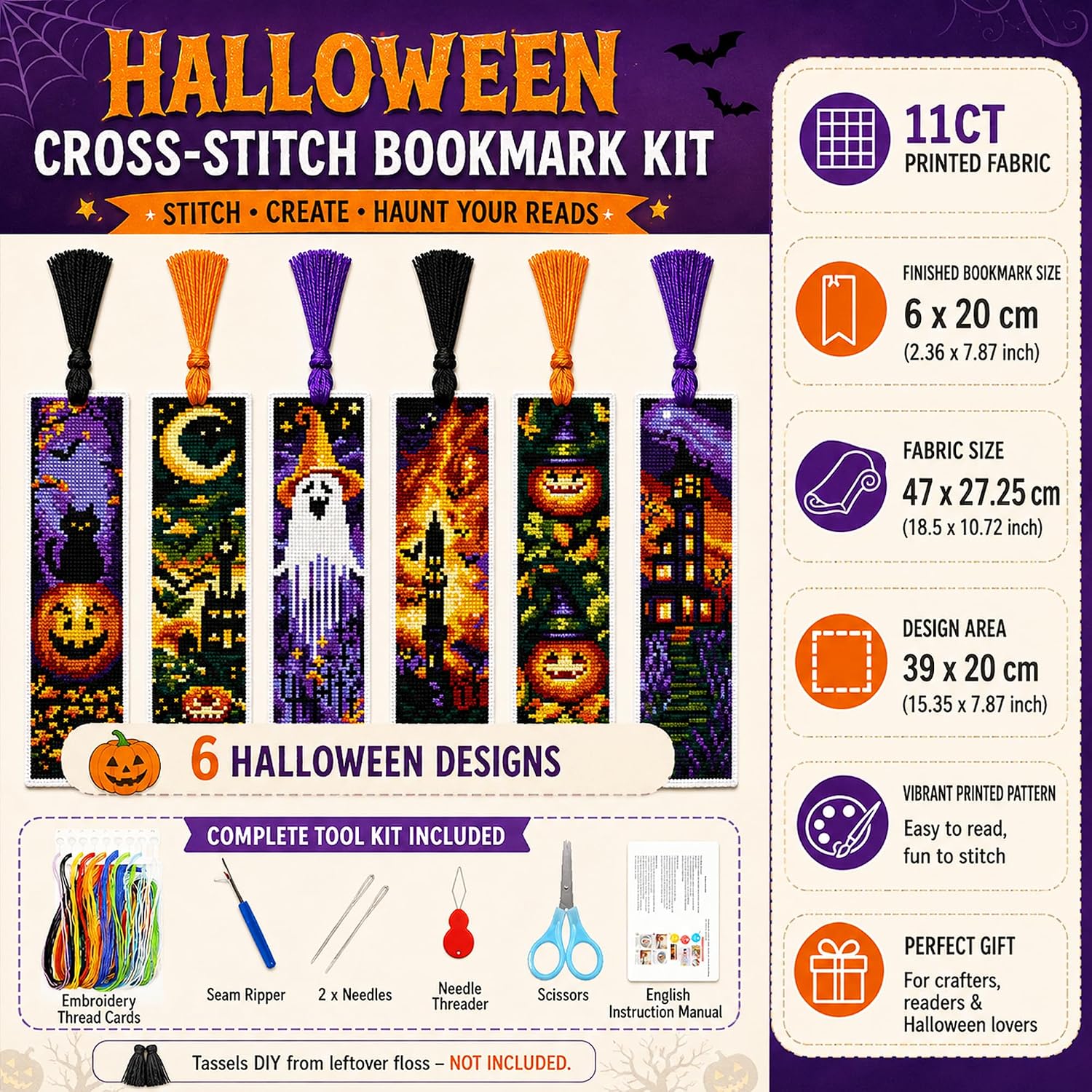 Zhenqing Halloween Stamped Cross Stitch Bookmark Kit, 6 Spooky Designs for Adults and Beginners, Book Lover Gift