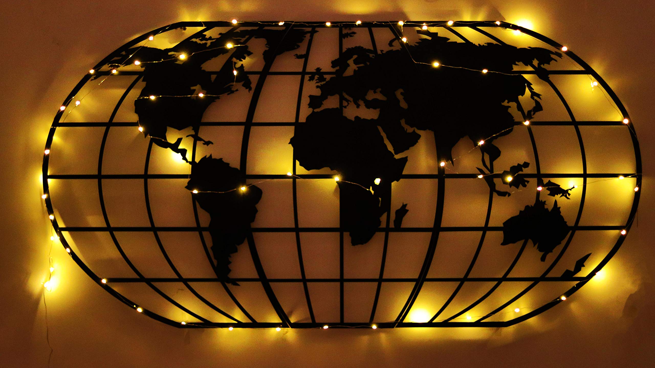 Tubibu Moderne Wandkunst, 100% Metall, metallische Weltkarten-Globe, Größe (60 x 120 cm) – Wandbehang für Wohnzimmer, Schlafzimmer, Wohnheim (Black)