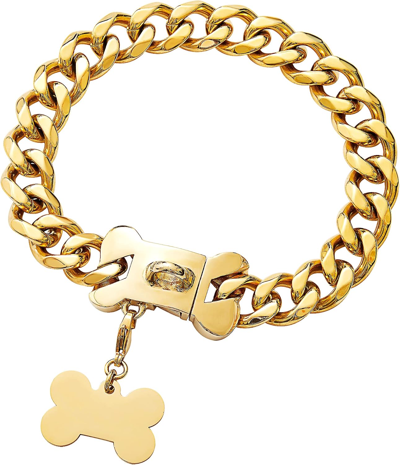 ToBeTrendy Gold Dog Chain Collar Walking Metal Chain Collar with Design Bone Shape Buckle,18K Cuban Link 19MM Strong Heavy Duty Chew…