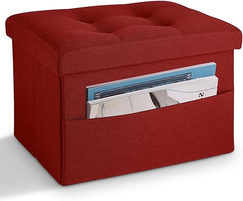 LINMAGCO Taburete plegable otomano de almacenamiento, reposapiés con bolsillo lateral, moderno otomano con almacenamiento corto sofá taburete de