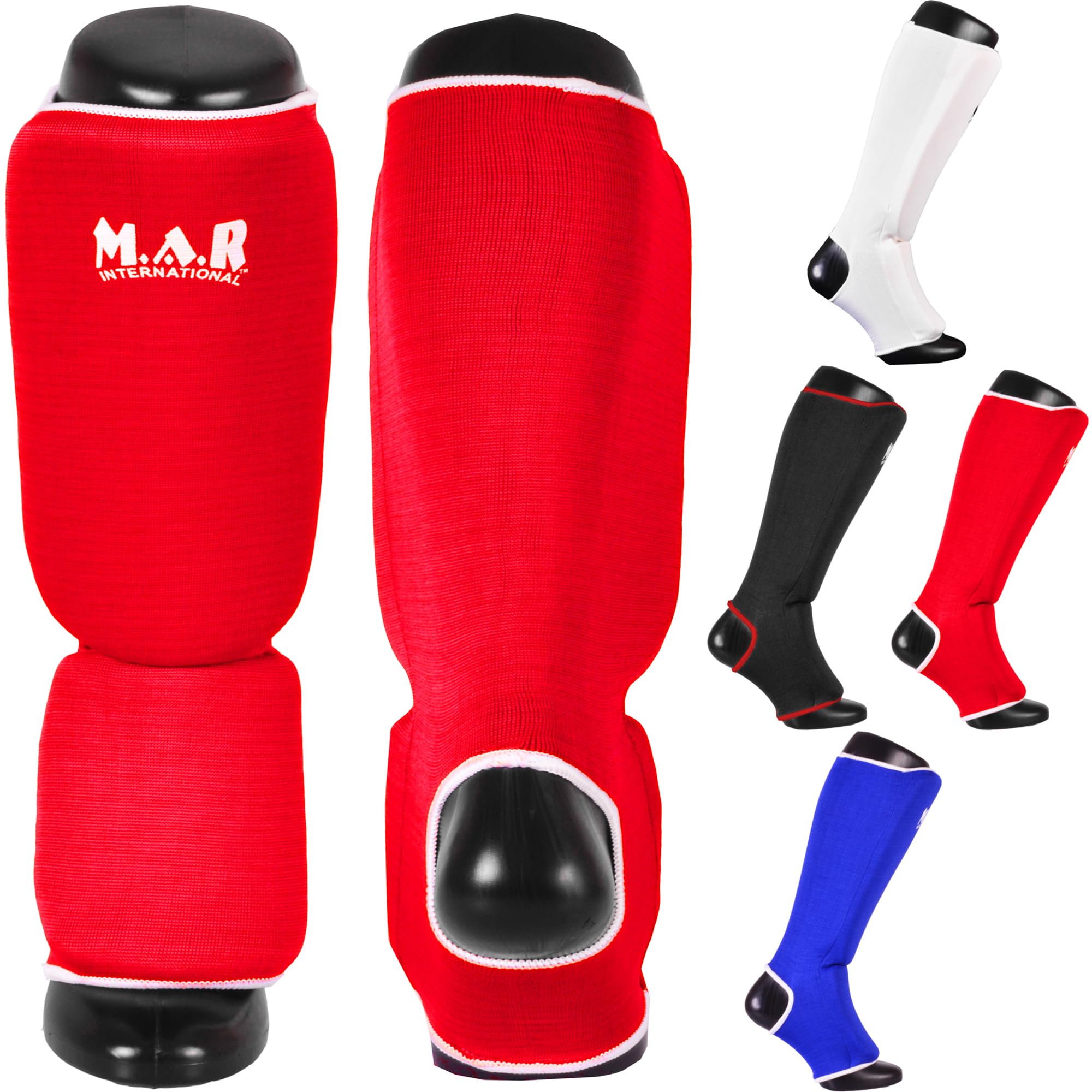 MAR | Red Elasticated Shin and Instep Guards for Martial Arts, Karate, Kickboxing, Muay Thai, Slip-On Shin Pads, Training Shin Guard, MMA Foot Protector Training Leg Guards, BJJ, Taekwondo (L)