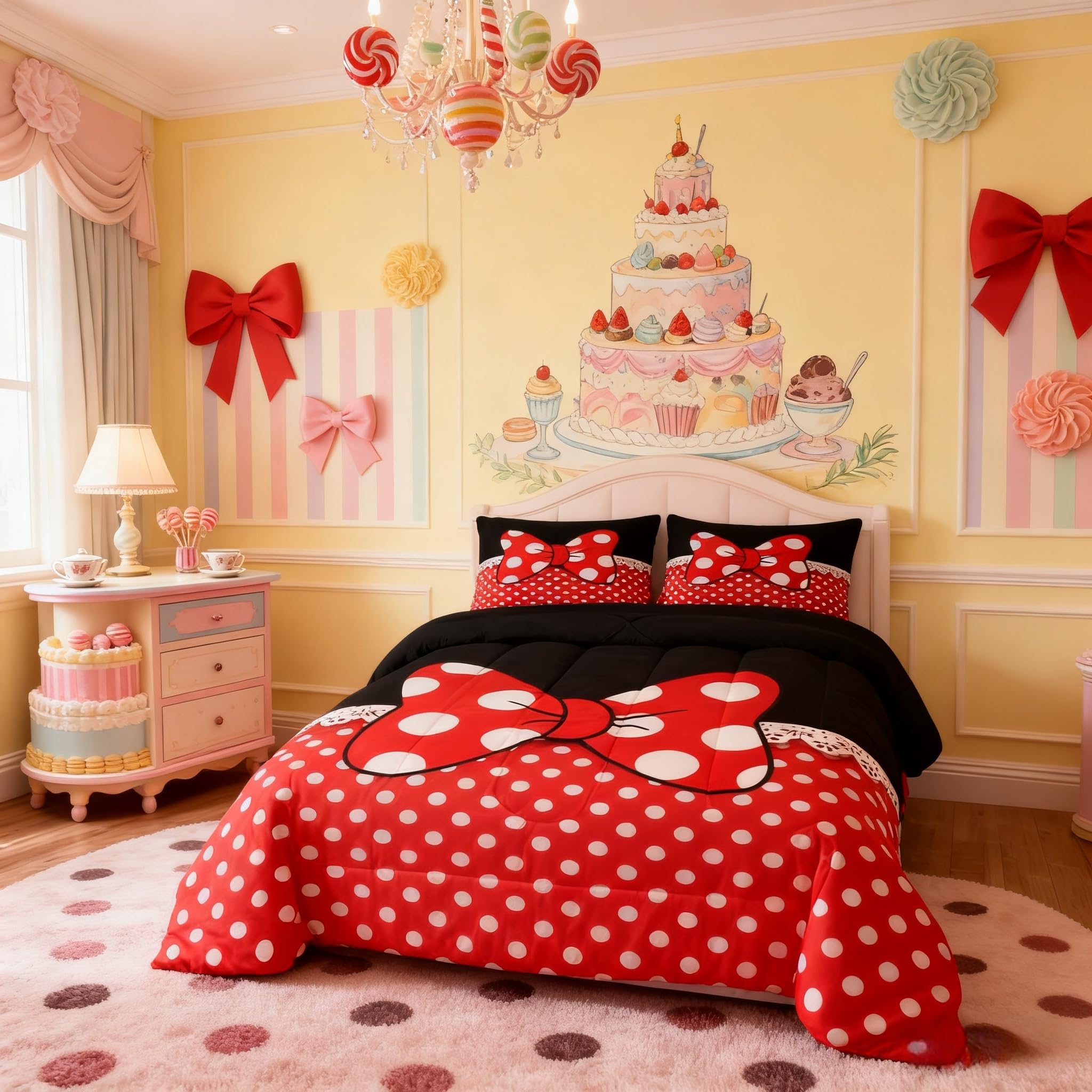 Bowknot Girly Comforter Set King Size,White Dots Geometric Bow Bedding Set 3pcs for Kids Teens Girls Women Room Decor,Romantic Princess Style Quilt