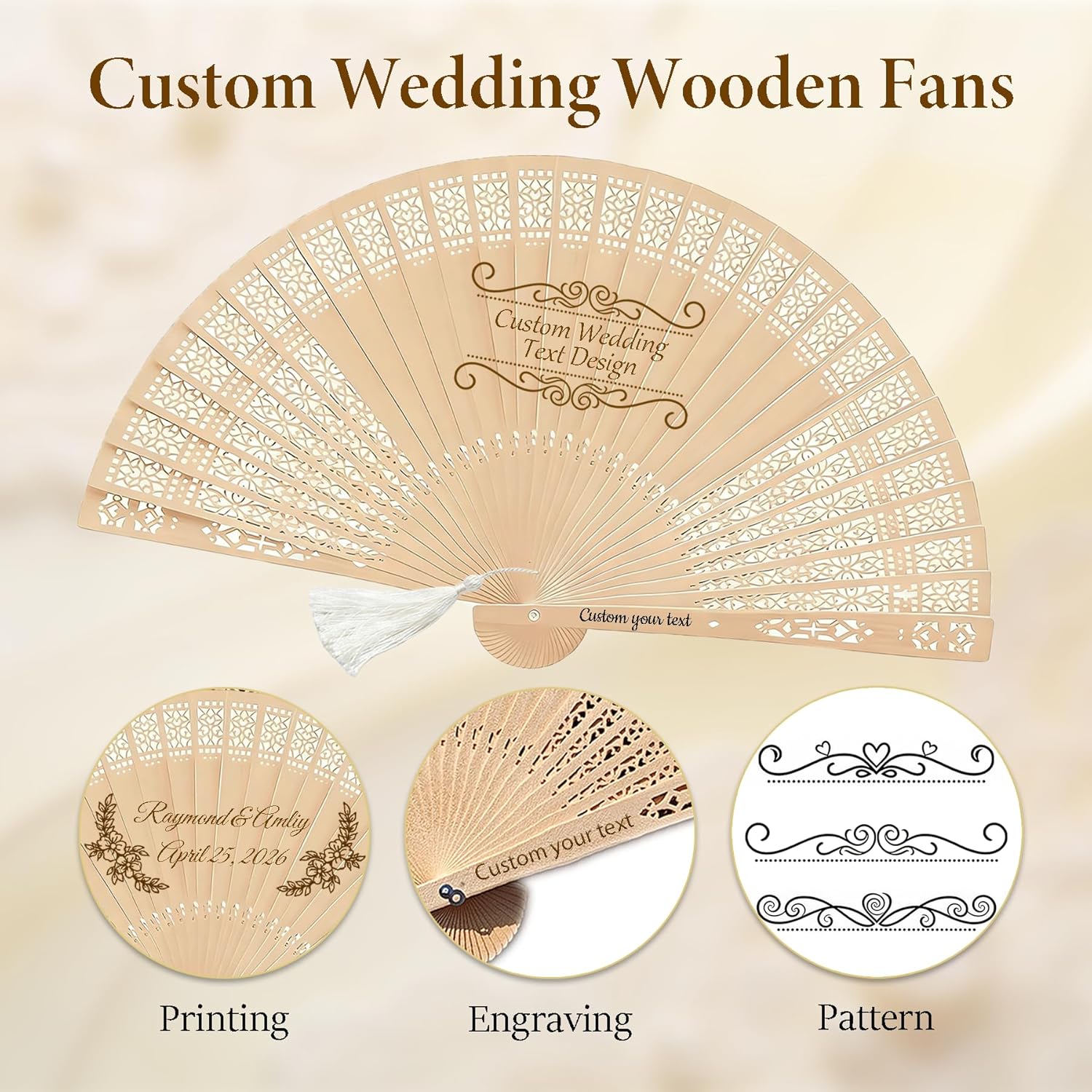 MOSADO 50Pcs Personalized Wedding Fans for Guests, Custom Foldable Sandalwood Fans Bulk with Organza Bags and Tassels, Wedding Favors Baby Bridal Shower Graduation Birthday Party Gift (50)