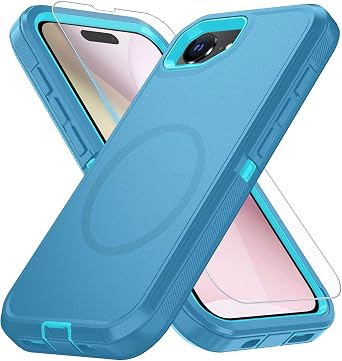 for iPhone 16E CaseiPhone 17E Case [Compatible with MagSafe][Shockproof][Dropproof][Dust-Proof][with Screen Protector] Heavy Duty 3-Layer Protection Phone Case Cover 6.1-inch, Sky Blue