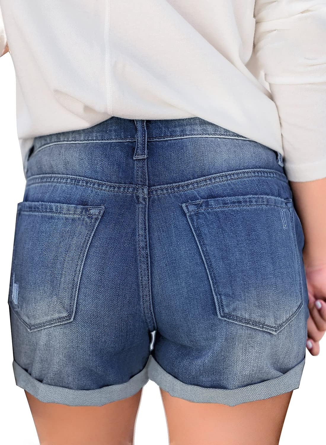 LookbookStore Women's High Waisted Rolled Hem Distressed Jeans Ripped Denim Shorts - Image 2