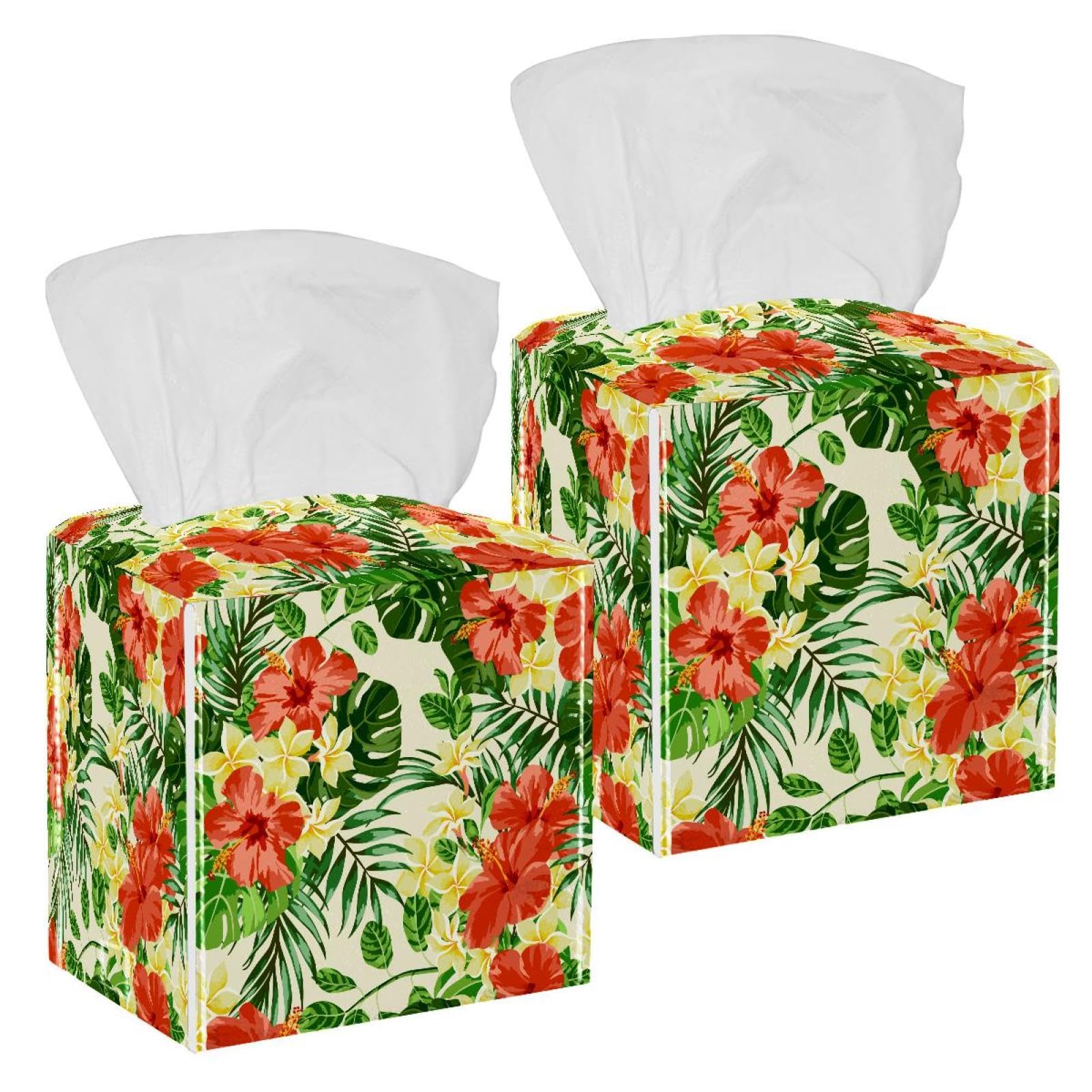 Tropical Palm Tissue Box Cover, 2 Pack PU Leather Square Facial Tissue Dispenser Box holder for Home Office Car