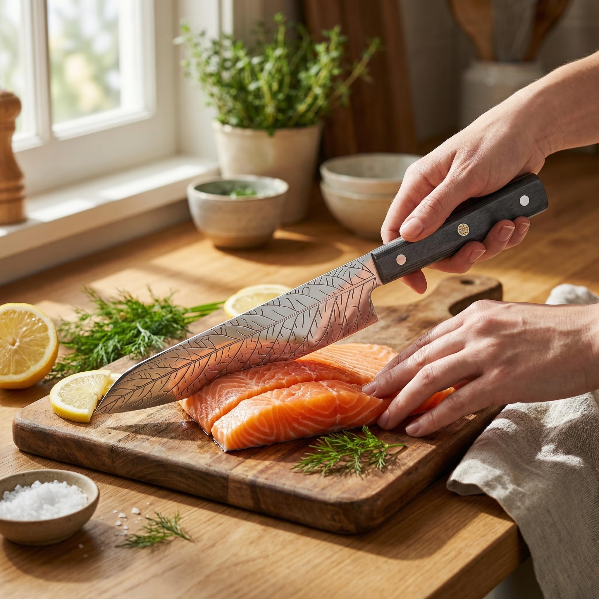 8-Inch Leaf‑etched Chef Knife –ALLWIN HOUSEWARE Deep Electro‑etched Leaf Pattern with 3D Air‑Pocket Design, Premium Stainless Steel Blade & Ergonomic Wood Handle for Kitchen Cooking Gift Grey — Amazon image 8