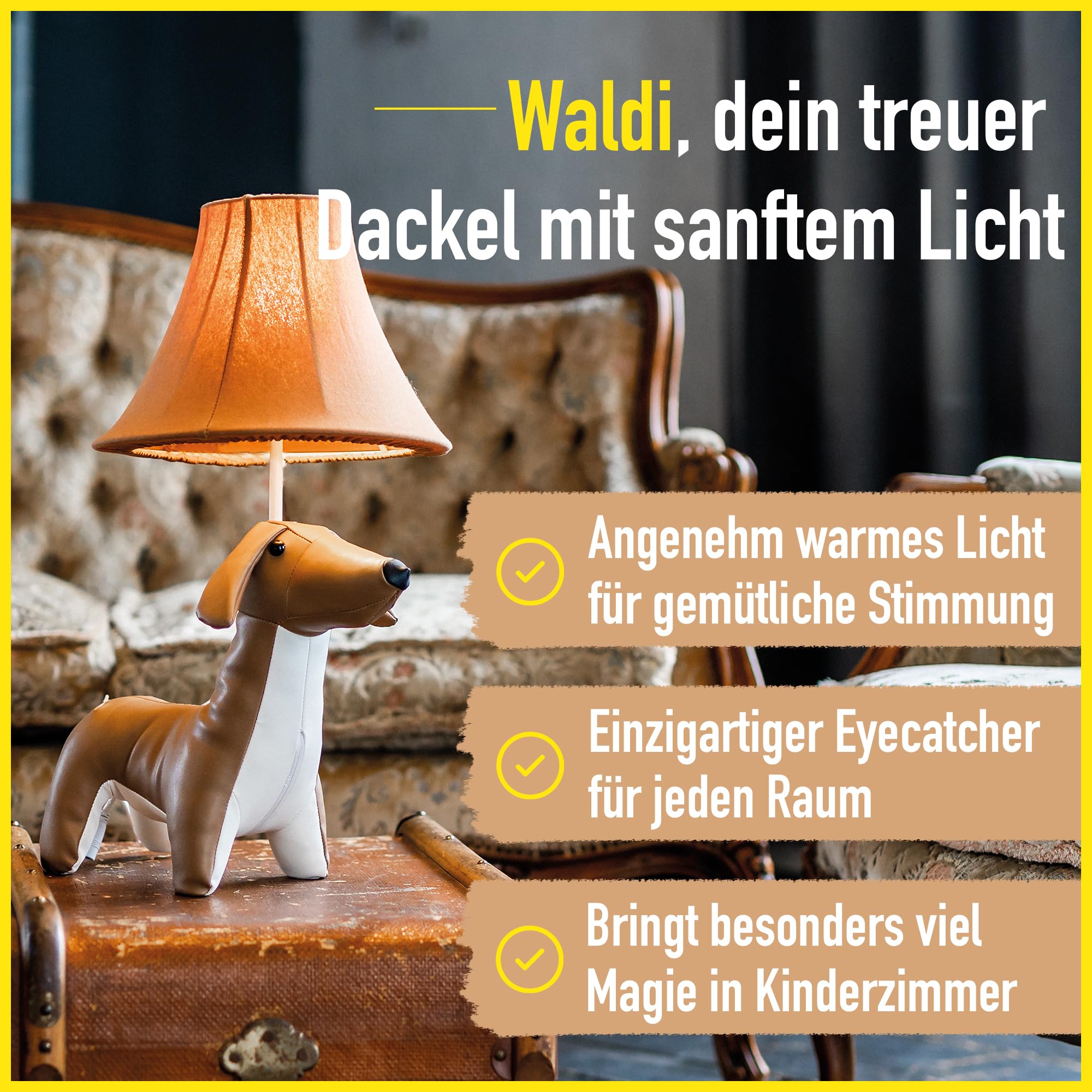 Happy Lamps for smiling eyes Waldi Dackellampe, LED-Tischleuchte, 48 cm hoch, Dekoleuchte, veganes Leder, Handarbeit, hochwertige Tischlampe, top Qualität, Braun und Weiß