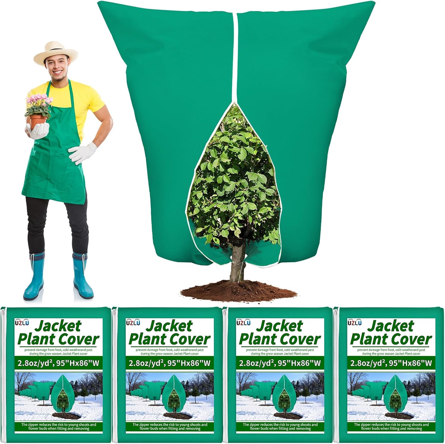 4 Pack Plant Jacket Covers Freeze Protection,95"x86" Winter Zipper Drawstring Plant Frost Covers 2.82oz/yd², Thicken Frost Cloth Blankets for Outdoor Plants Cold Weather Frost Protection, Green
