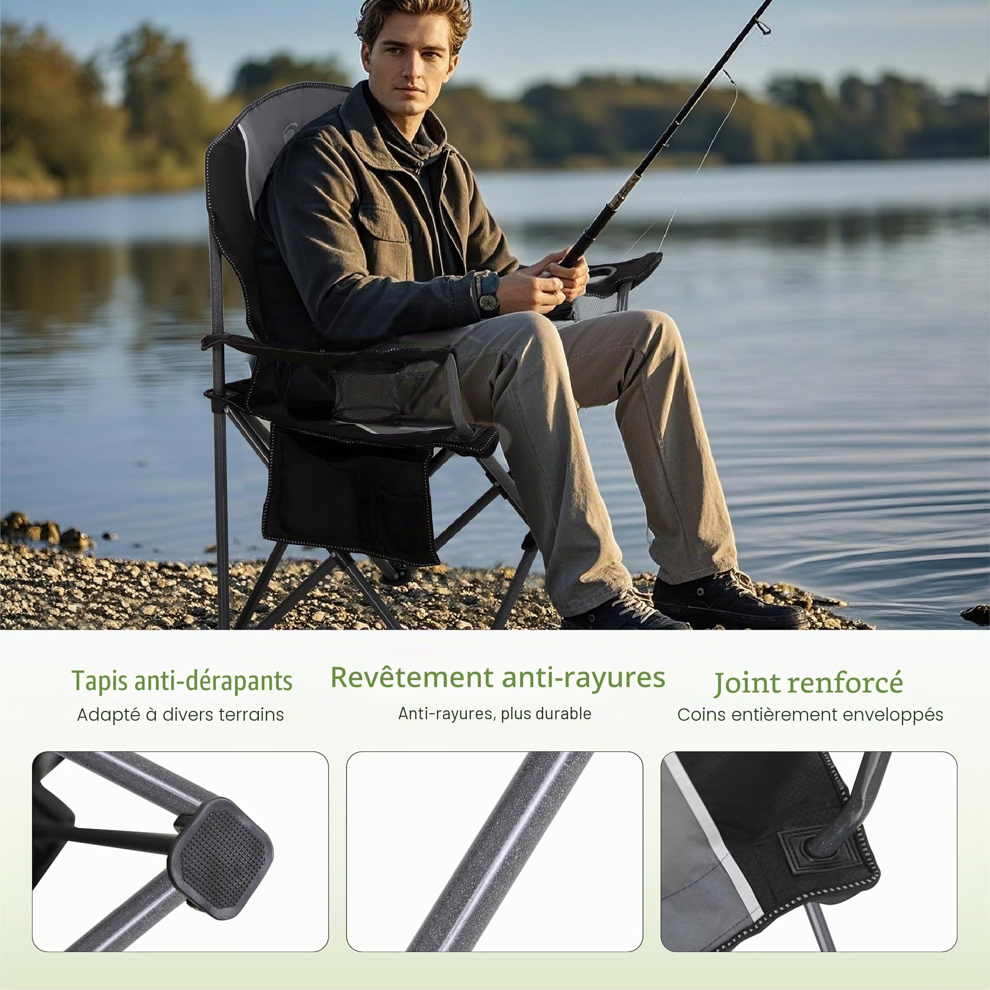 LET'S CAMP Chaise de Camping Pliable avec Porte-gobelets, Sacs de Rangement, Sac de Transport en Acier jusqu'à 160 kg, pour Le Camping, Les Voyages