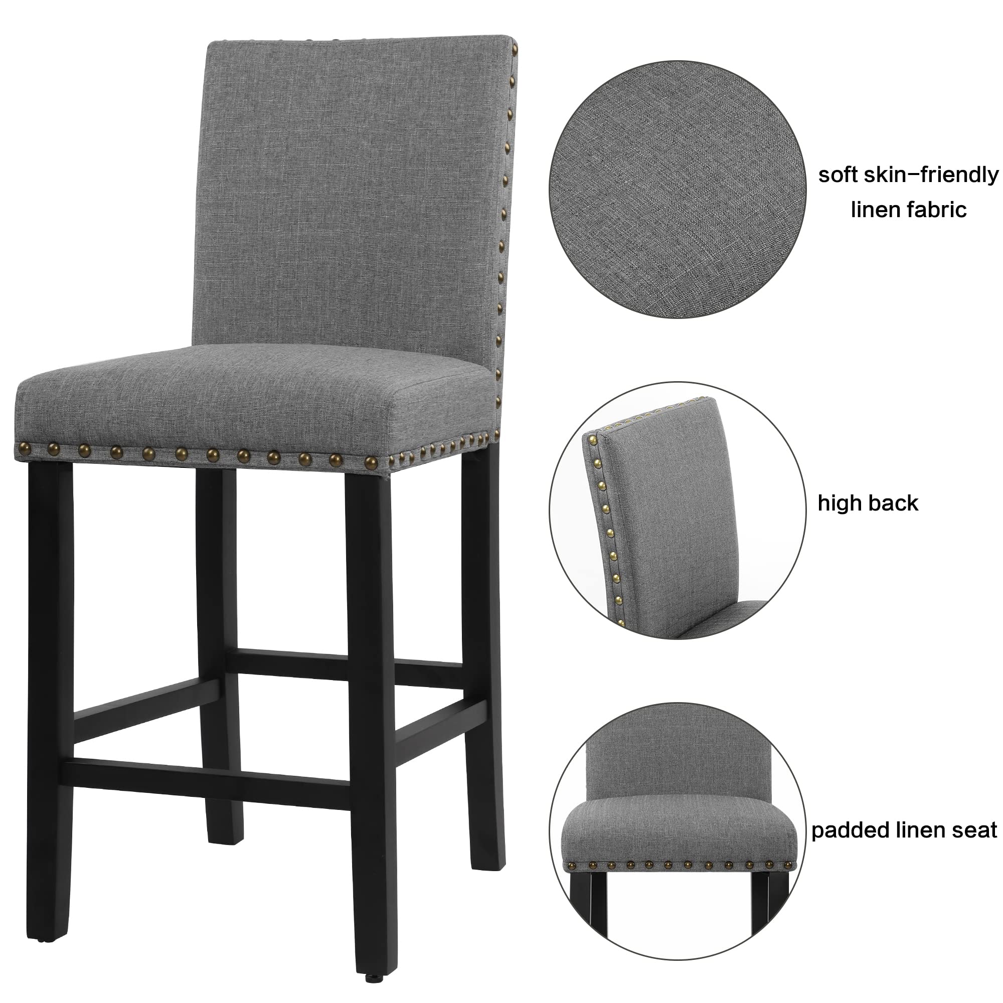 GOTMINSI Bar Stools Set of 4,Nailhead 24 Inches Counter Height Bar Stools for Kitchen Island Upholstered Barstools with Solid Wood Legs for Kitchen, Dining, Bedroom (Grey)