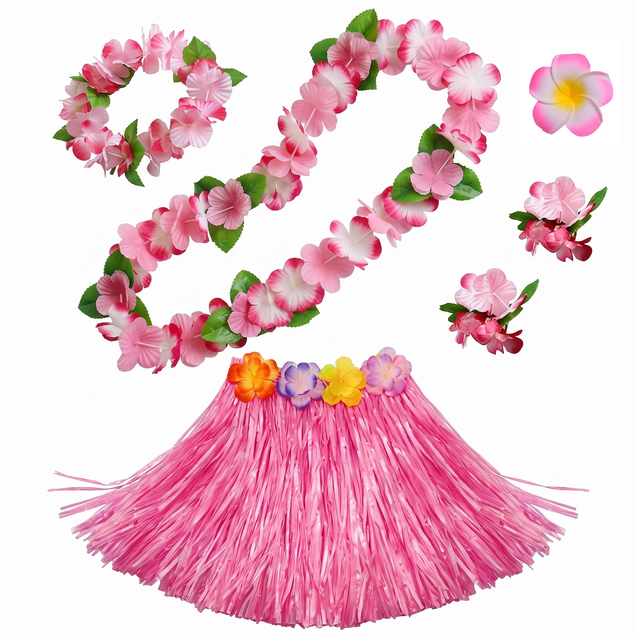 XURISON 5Pcs Hawaiian Fancy Dress Set,Hawaiian Garland,Hawaii Accessories Garlands Outfit Bracelet Necklace,Hula Skirt,Grass Skirts Costume,Beach Party Fancy Dress Caribbean,Flower Hawaii Leis (Pink)