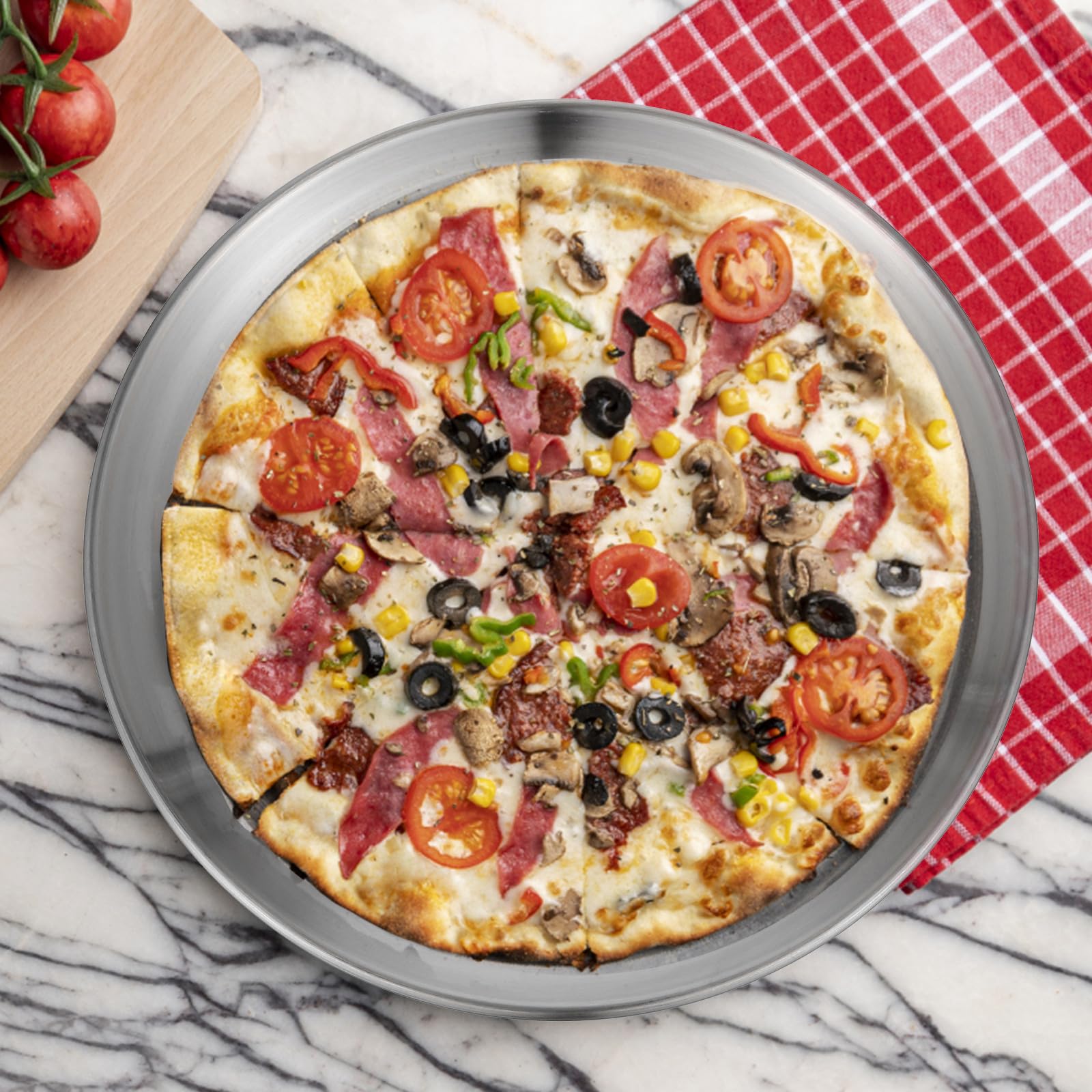 6 Stück Runde Pizzableche aus Edelstahl mit Multifunktionalem Design und Komfortablem Griff zum Servieren von Obst und Restaurants