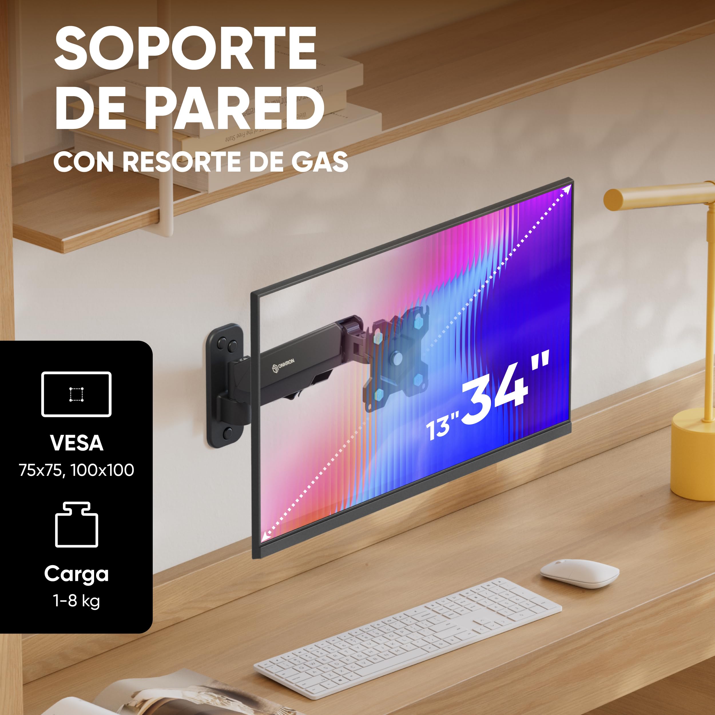 ONKRON Soporte TV y Monitor de Pared 13-34 Pulgadas, Brazo Monitor hasta 8 kg, VESA 75x75-100x100 mm, Soporte para Pantalla de Pared Articulado, Giratorio e Inclinable, Universal, Mural, Negro G120-B