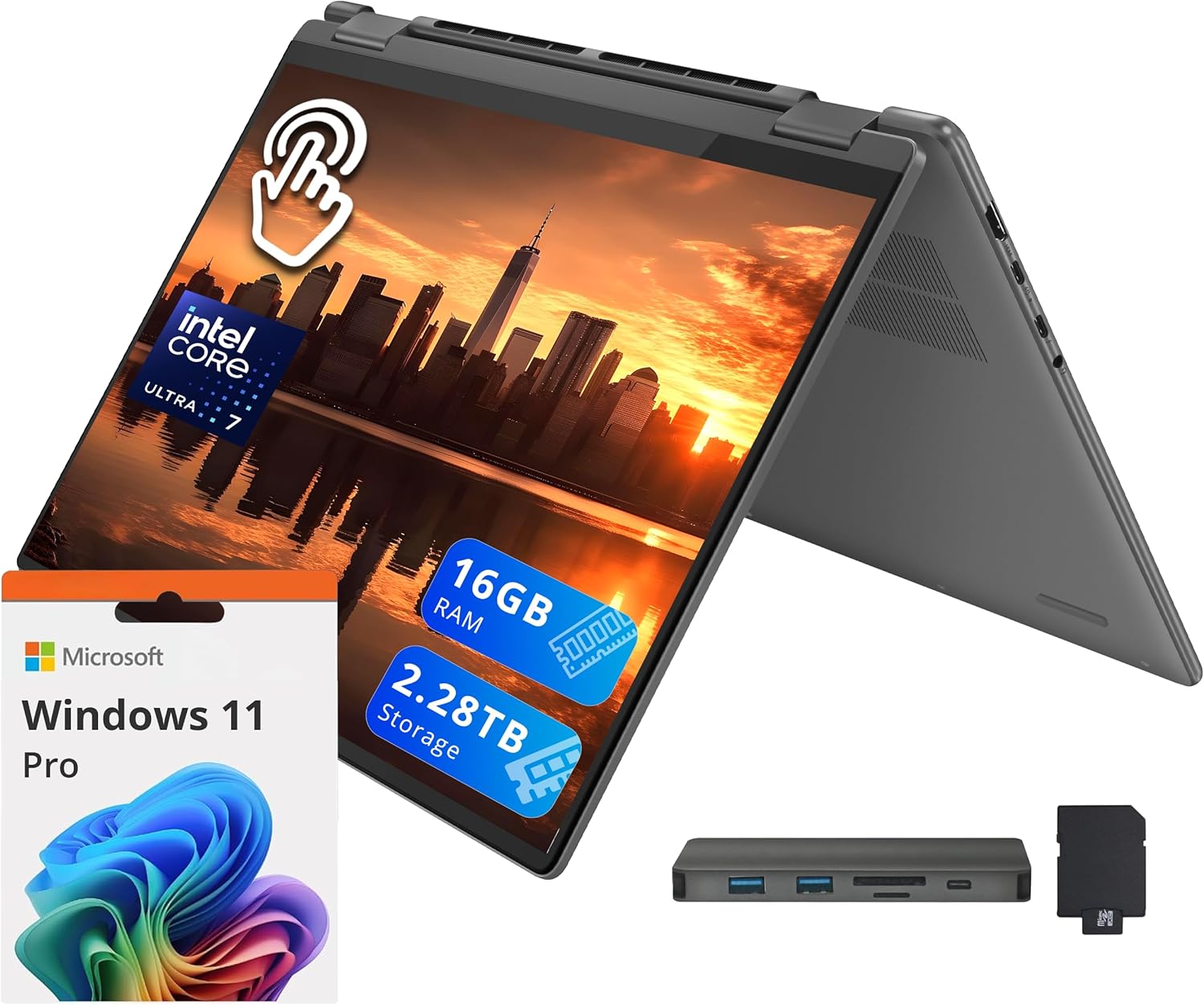 Lenovo Yoga 7i 2-in-1 16" 2K Touchscreen Laptop, Intel Ultra 7 155U, 16GB LPDDR5X, 2.28TB Storage(2TB SSD +288GB Docking Station Set), Backlit Keyboard, Fingerprint Reader, WiFi 6E, Win11 Pro, Grey