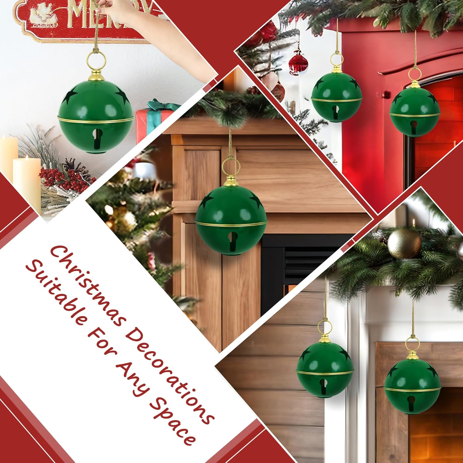2pcs Large Christmas Bells for Decoration 8.3inch Rustic Vintage Christmas Decor Ball Christmas Tree Onaments Red Bells for Christmas Decorations (Green)