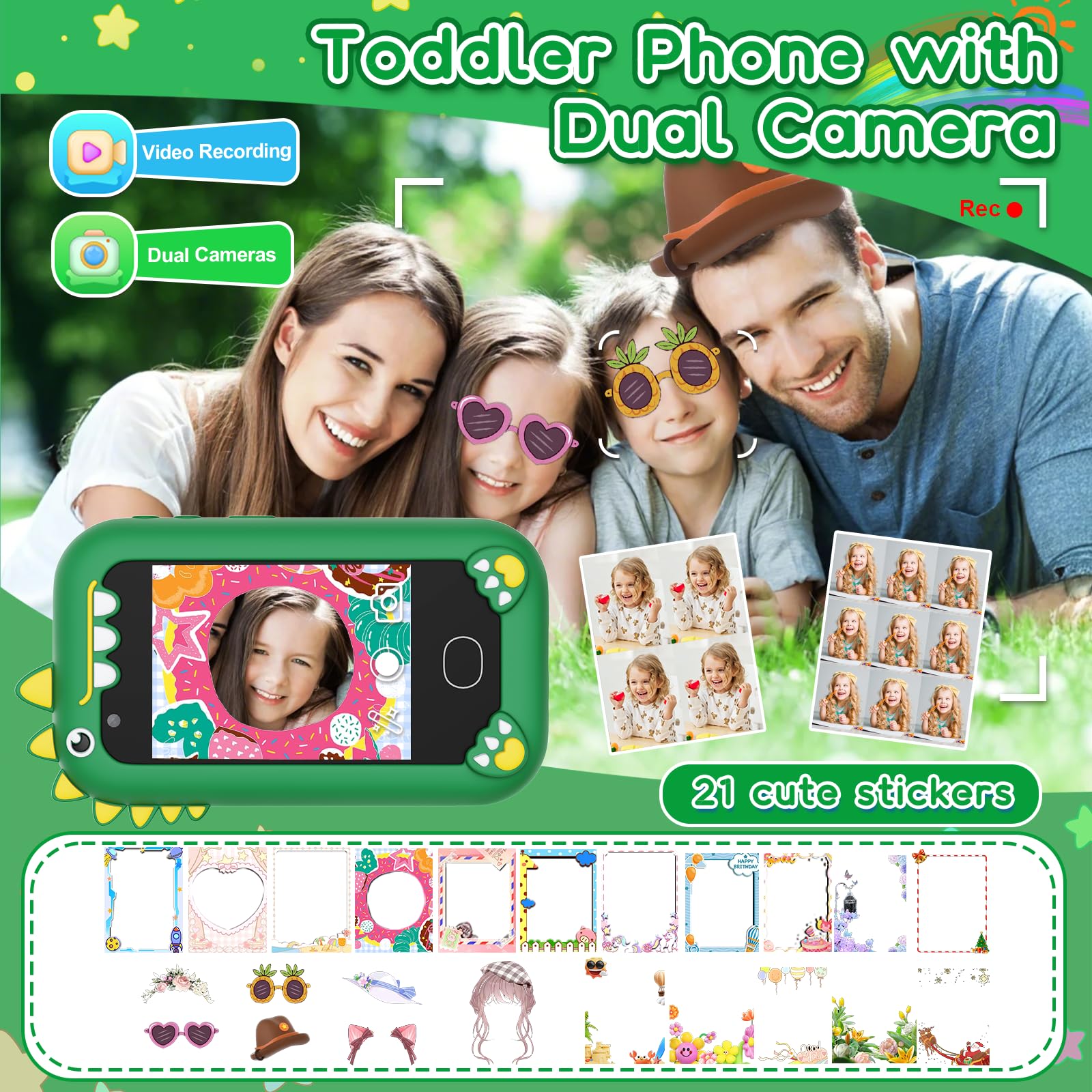 Teléfono inteligente para niños – Teléfonos para niños de 3 a 10 años, pantalla táctil HD de 2.8 pulgadas, cámara dual HD, regalo de cumpleaños de Navidad, juguete de dinosaurio, tarjeta SD de 3