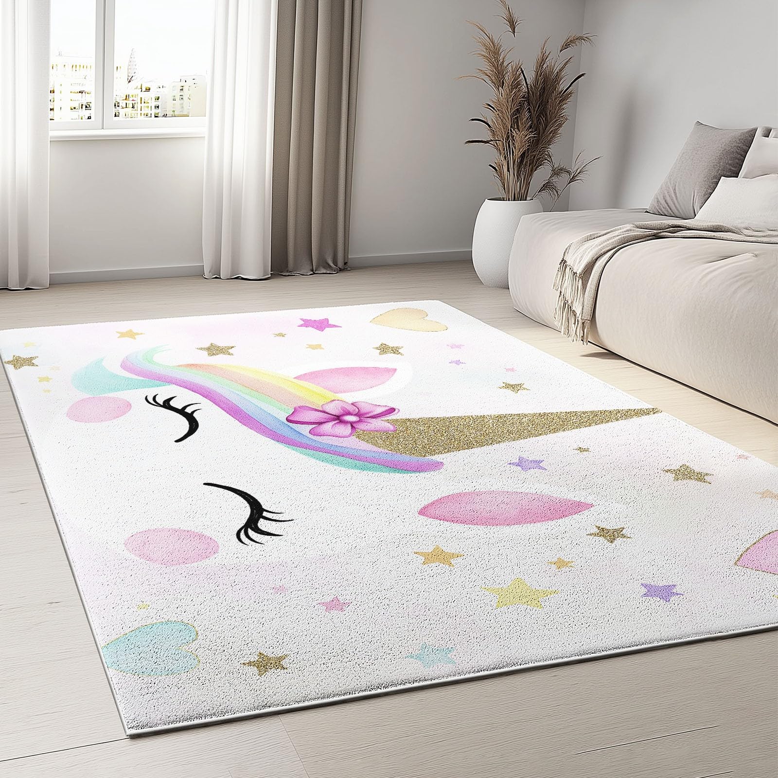 Stile Cartone Animato Tappeto Camera Da Letto 140 x 200 cm Unicorno Tappeto Salotto Antiscivolo Per Soggiorno Camera Da Letto Cameretta, Moderno Tappeto Lavabile In Lavatrice