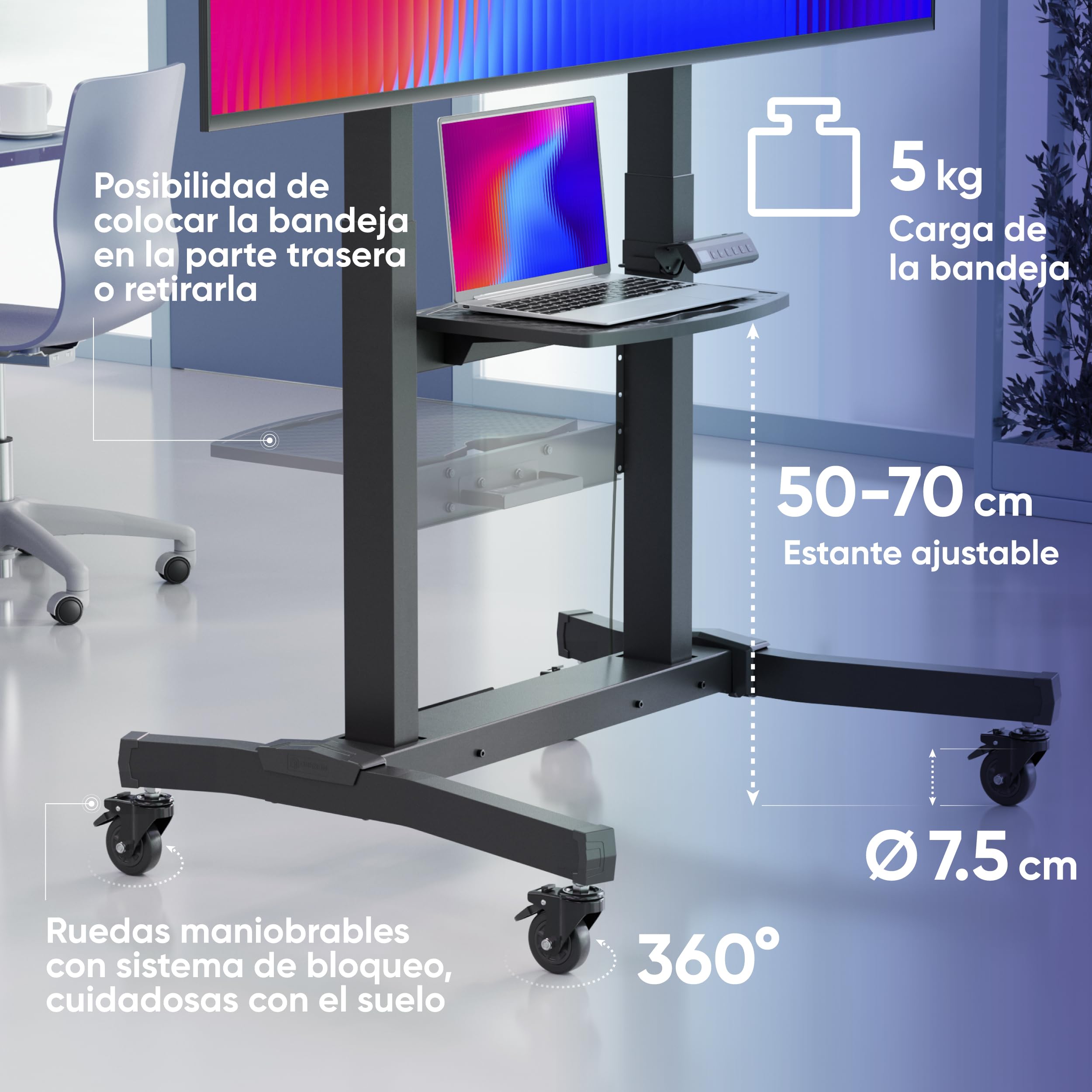 ONKRON Soporte TV Motorizado 50"-100", 120 kg, máx VESA 1000x600, TS1991E-B | Carro TV eléctrico negro, altura 1130-1600 mm, para TV 120 kg y paneles táctiles 80 kg, con mando; para aulas y salas
