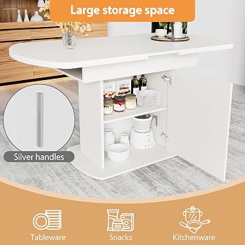 ModernLuxe Extendable Dining Table, Oval Kitchen Table with Storage Cabinet, Modern Minimalist Space-Saving Design, Multi-Functional Bar, White with Silver Handles, 110–130 × 70 × 75 cm