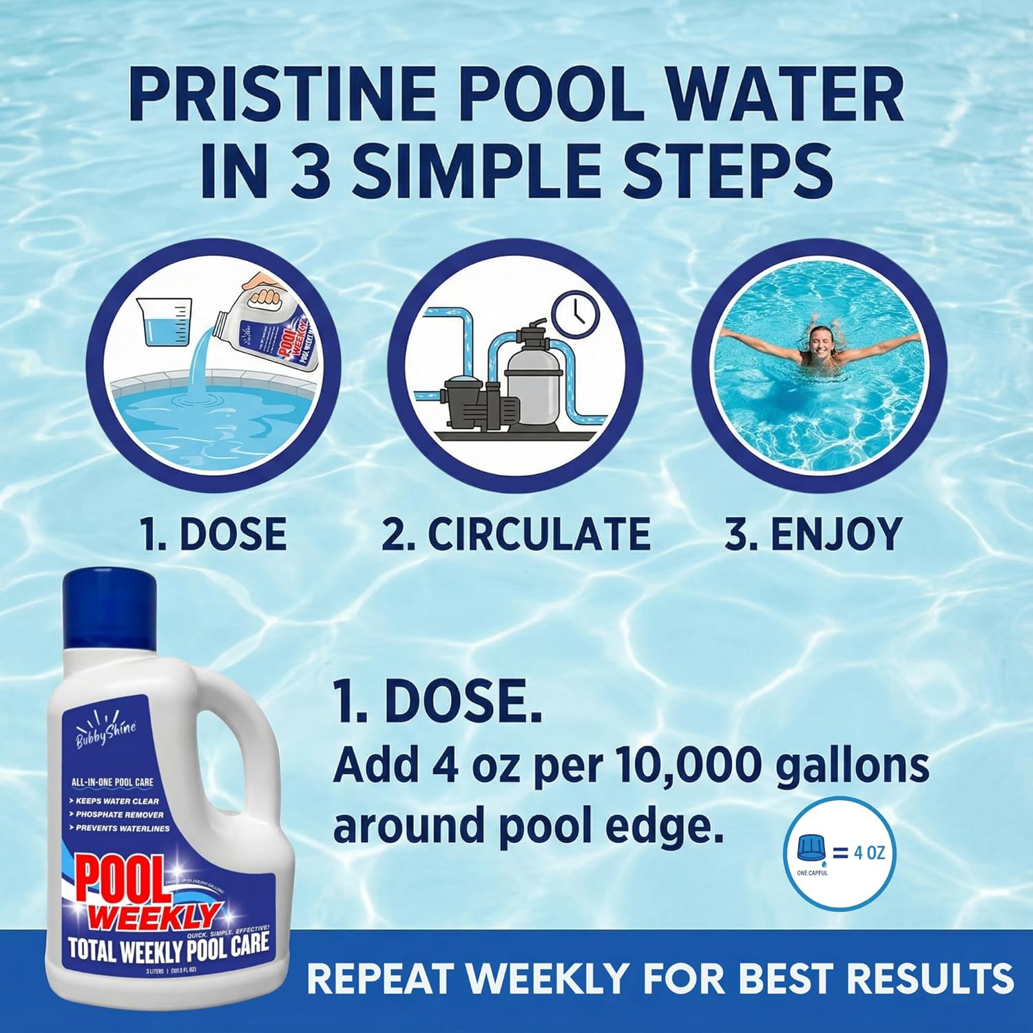4-in-1 Weekly Pool Treatment - 3 L (101.5 fl oz) - Pool Chemicals, Phosphate Remover, Pool Clarifier, Enzyme Treatment + Waterline Cleaner, Perfect Clarity Finish, Saltwater Safe - BubbyShine