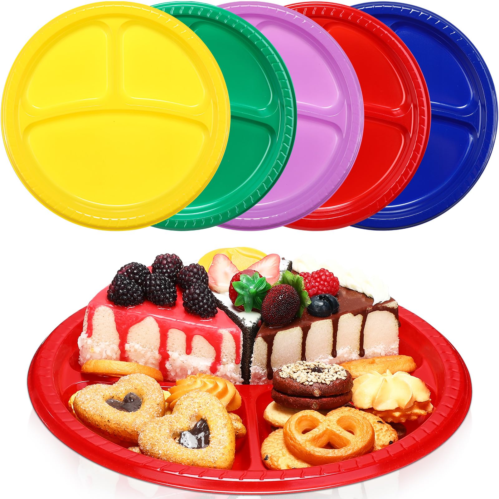 Teenyyou 50 Pcs 10 Inch Plastic 3 Compartment Divided Plates Heavy Disposable Plates Duty Round Dinner Plates with Dividers for Wedding Birthday Party