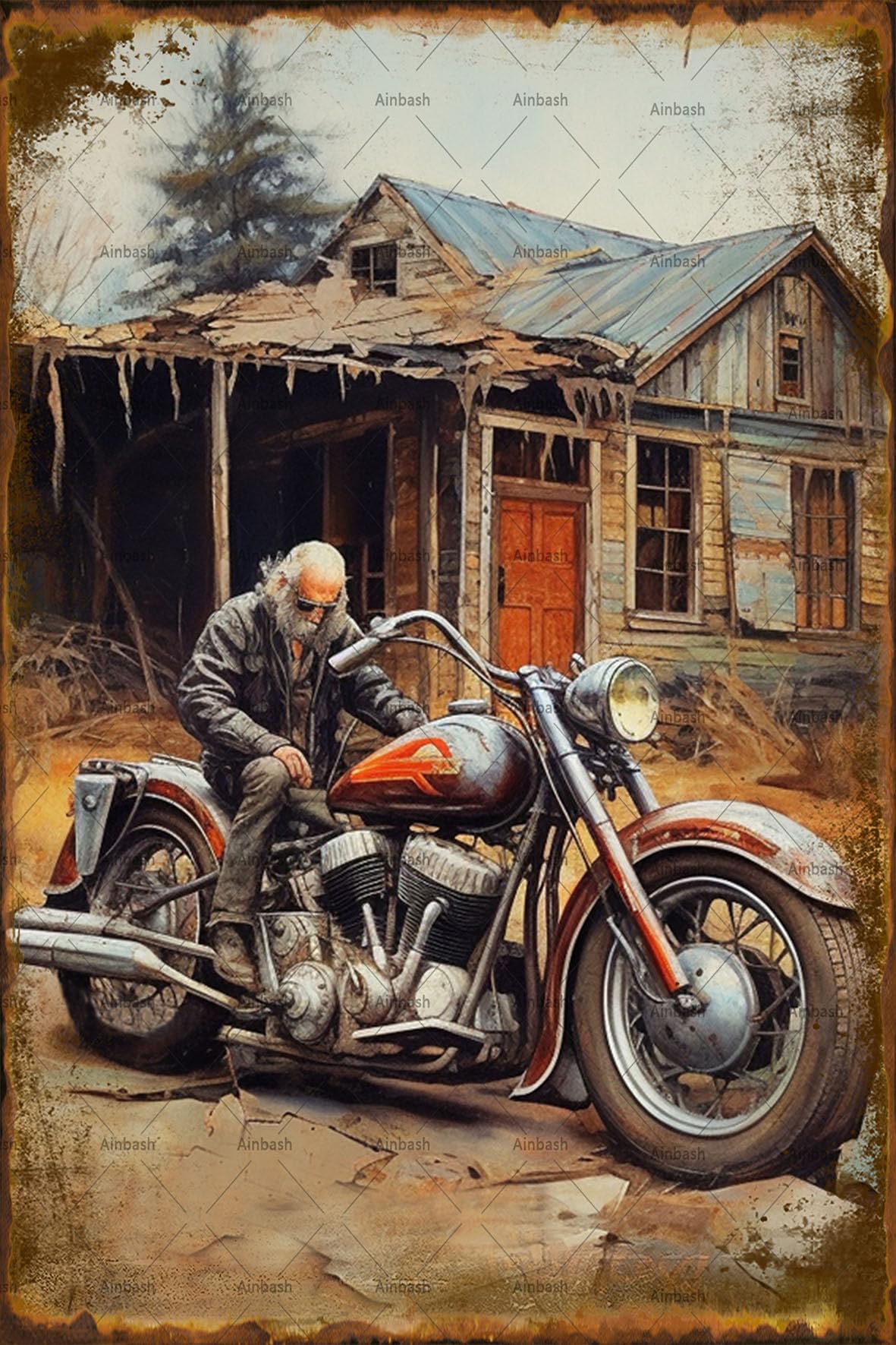 Ainbash Old Man Old Motorcycle And Old House Tin Metal Signs Original Retro Design Wall Art Print Poster Thick Tinplate Wall Decoration for Garage
