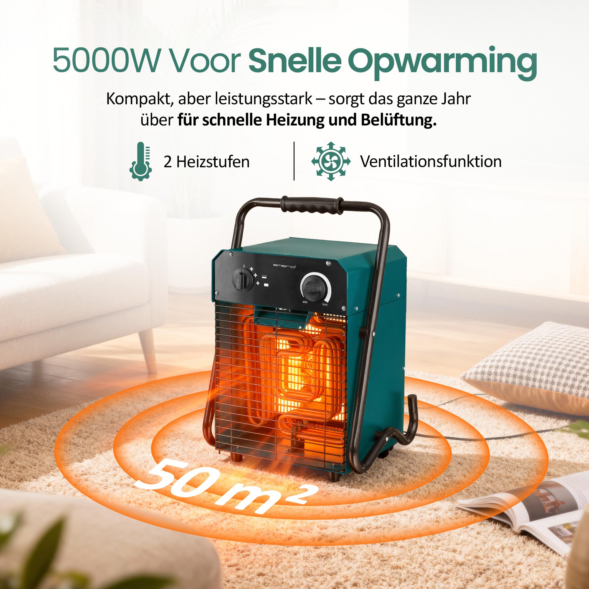EMERIO FH-105537.4 termowentylator | do pomieszczeń do 50 m² | IP24 | prąd o mocy 5000 W | element grzejny ze stali nierdzewnej | 2 stopnie grzania | regulowany termostat | zabezpieczenie przed