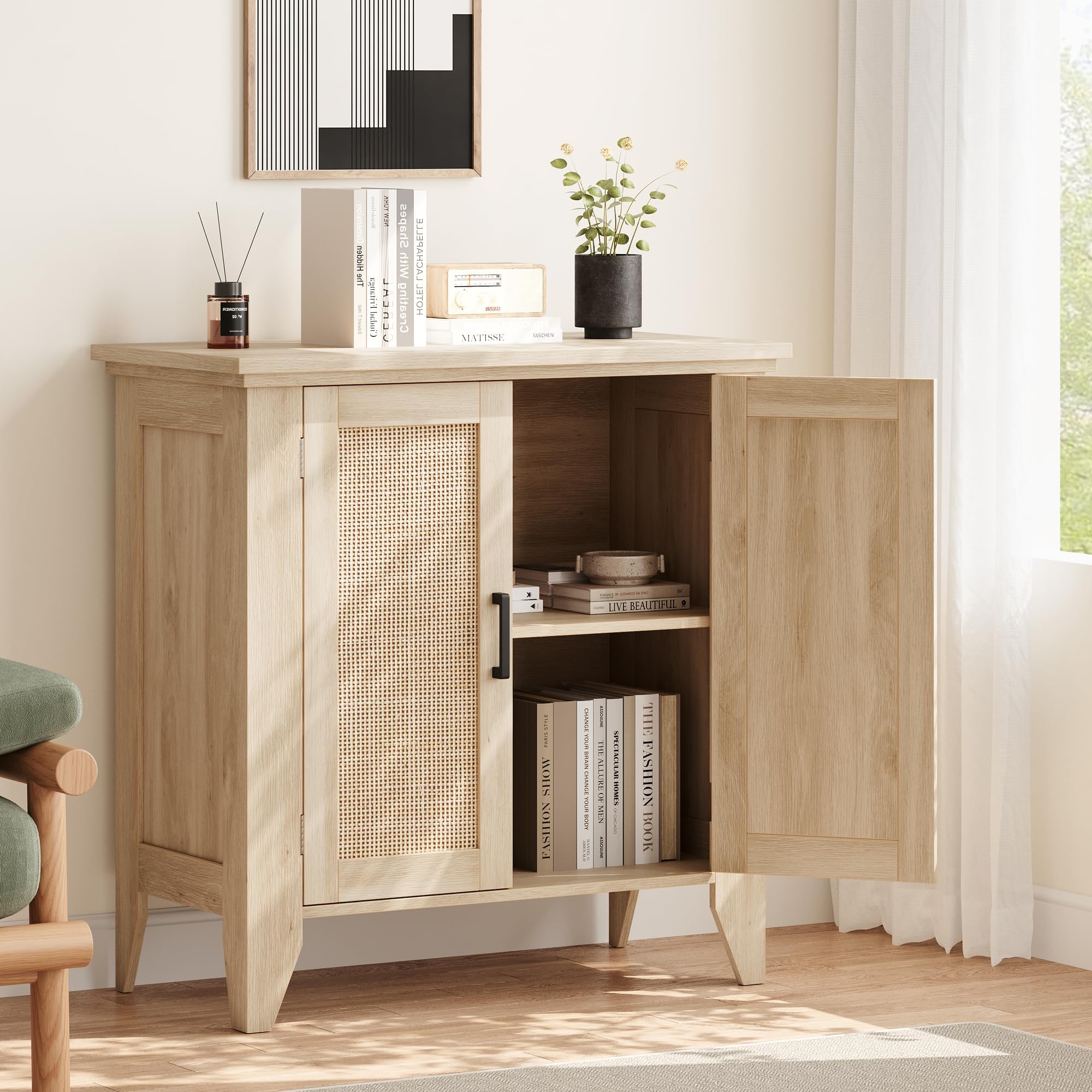 Garvee Aparador De Ratán, Mueble Auxiliar De Cocina Estrecho De Madera con Estante Ajustable, Organizador Rústico para Comedor, Salón y Espacios Pequeños, Madera Natural 80×40×83 cm