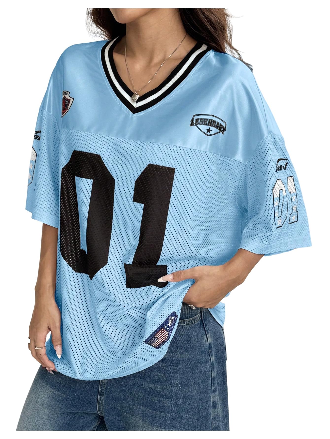 SOLY HUX Jersey Shirts for Women Y2k Graphic Number Oversized Tees V Neck Half Sleeve Cute Soccer Streetwear T Shirt Tops