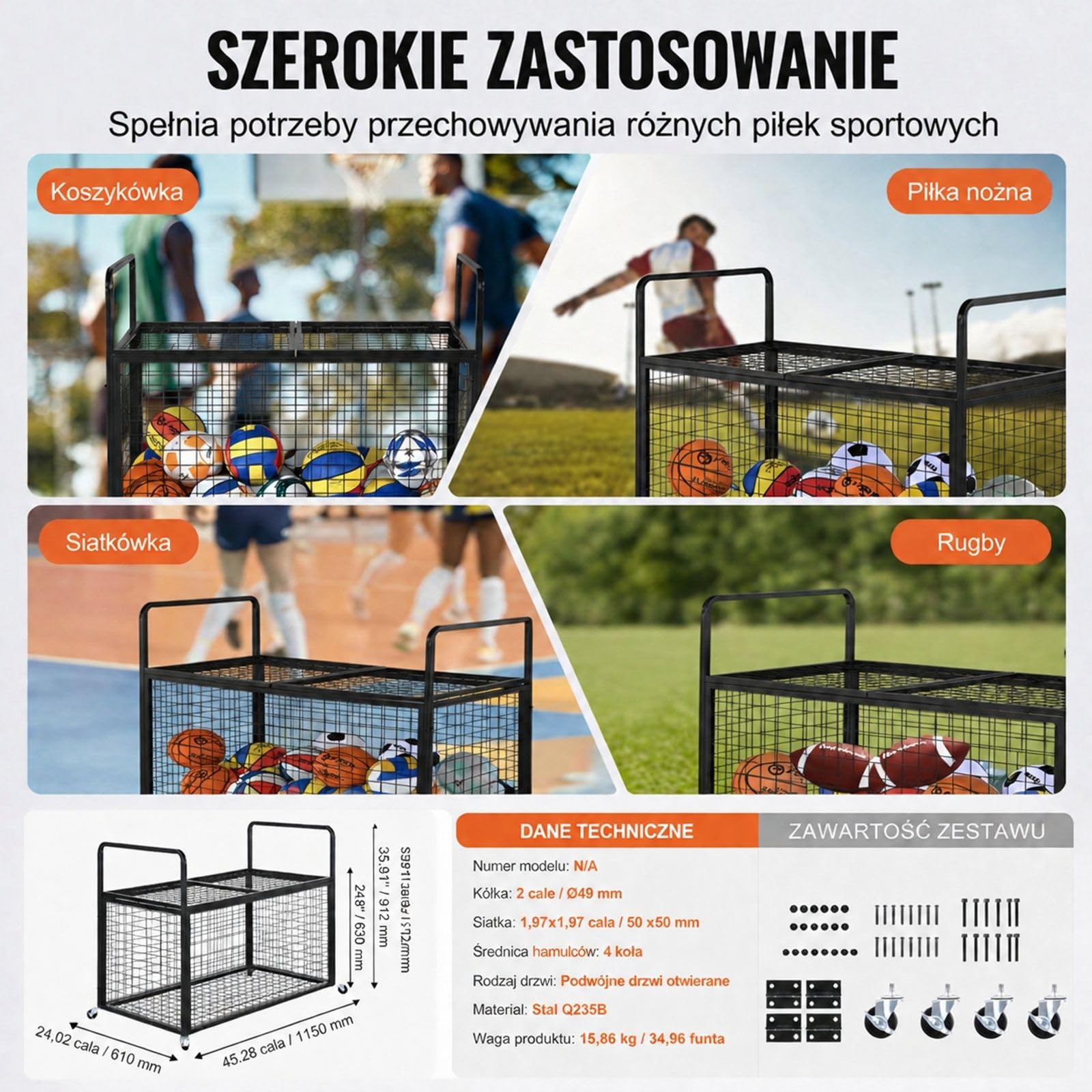 Wózek do Przechowywania Piłek Sportowych, Zamykany Organizer ze Stali Węglowej z Podwójną Górną Pokrywą do Garażu