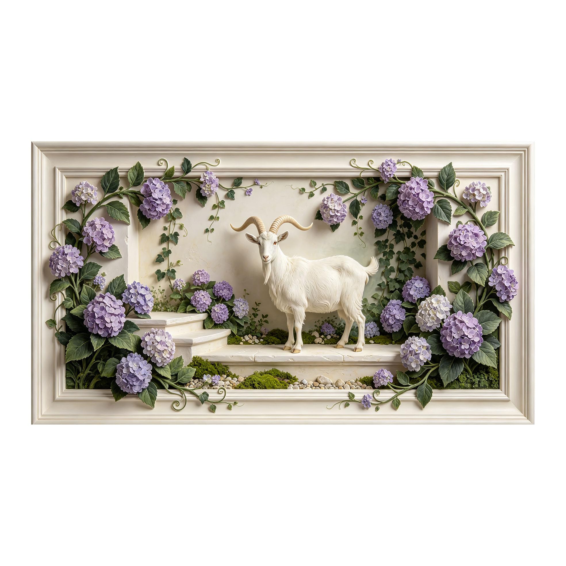 Yzpallescene 3D 3D Framed Wall Art 50cm×90cm White Goat Floral Botanical Pastoral Oil Painting Large Size SelfAdhesive Removable Wall Decor Prints Artwork for Living Room Bedroom Office