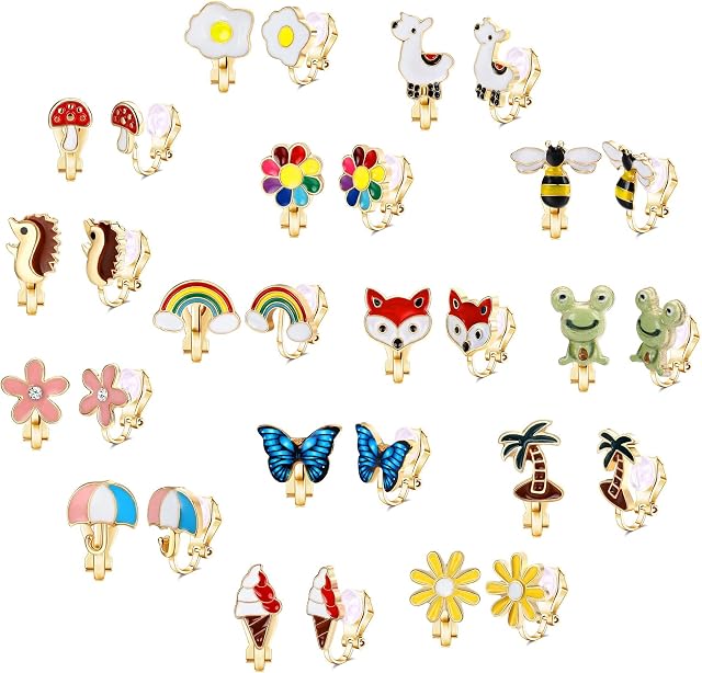 JeryWe 15 Pairs Clip on Earrings for Girls Women Cute Assorted Animal Butterfly Flower Earrings Set for Kids Mixed Color Painless Rubber Pads Non-Piercing Earrings Set