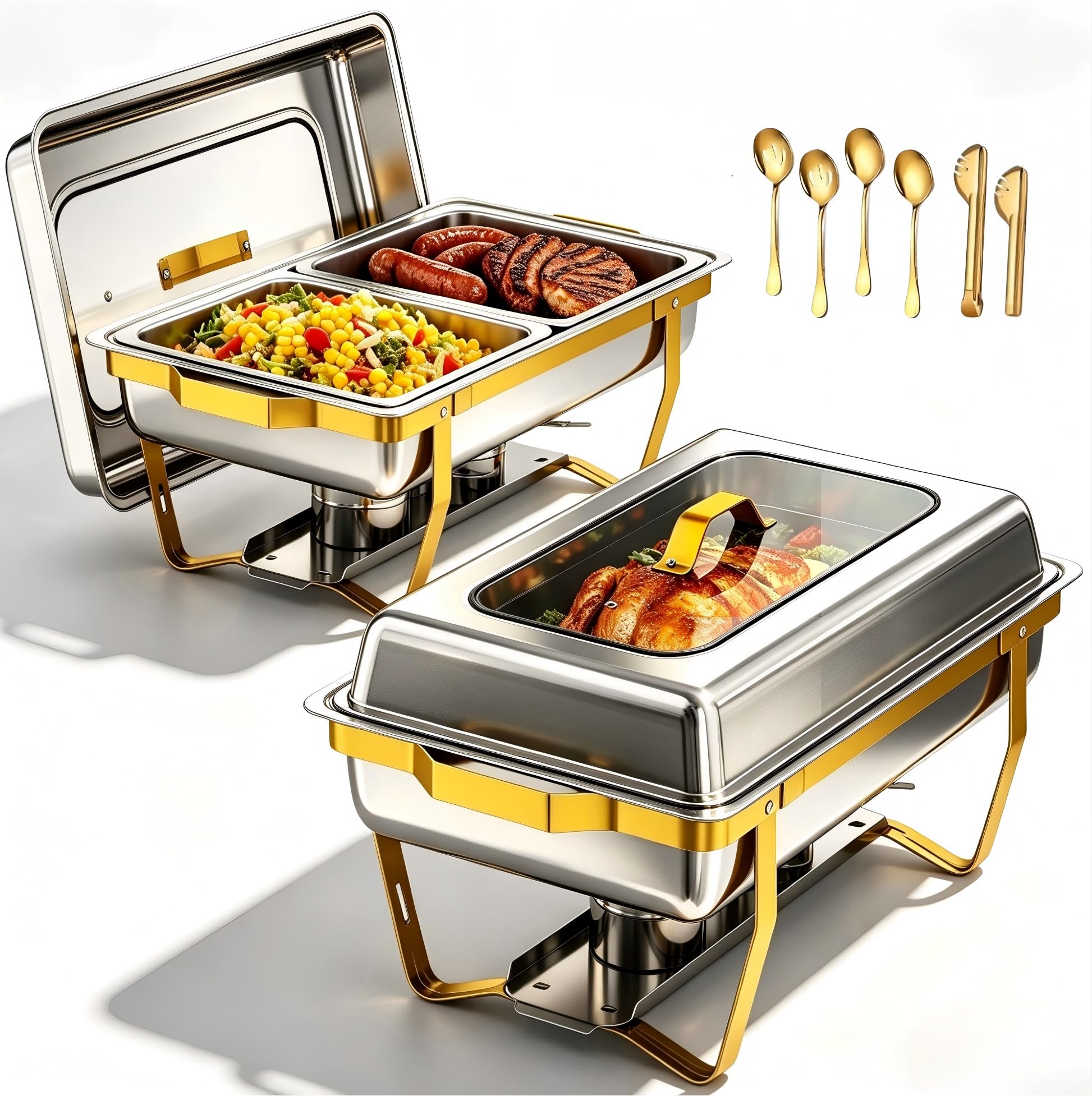 Set da 2 Vasi Riscaldanti Dorati con Finestra Trasparente, 8,5L Rettangolari per Buffet con Supporto Pieghevole, Scaldavivande in Acciaio Inossidabile per Feste ed Eventi di Catering