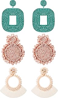 3 Pairs Statement Drop Beaded Earrings Handmade Tassel Fringe Dangle Earrings and Wire Wrapped Square Hoop Earrings for Wo...