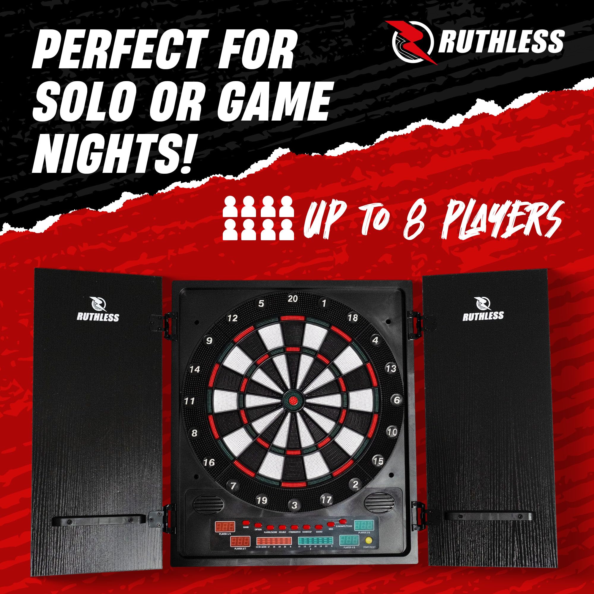 Ruthless - Ruthless R500 Tableau de fléchettes électronique dans le meuble – pointe souple – 4 sets de fléchettes inclus – 8 joueurs – 27 jeux